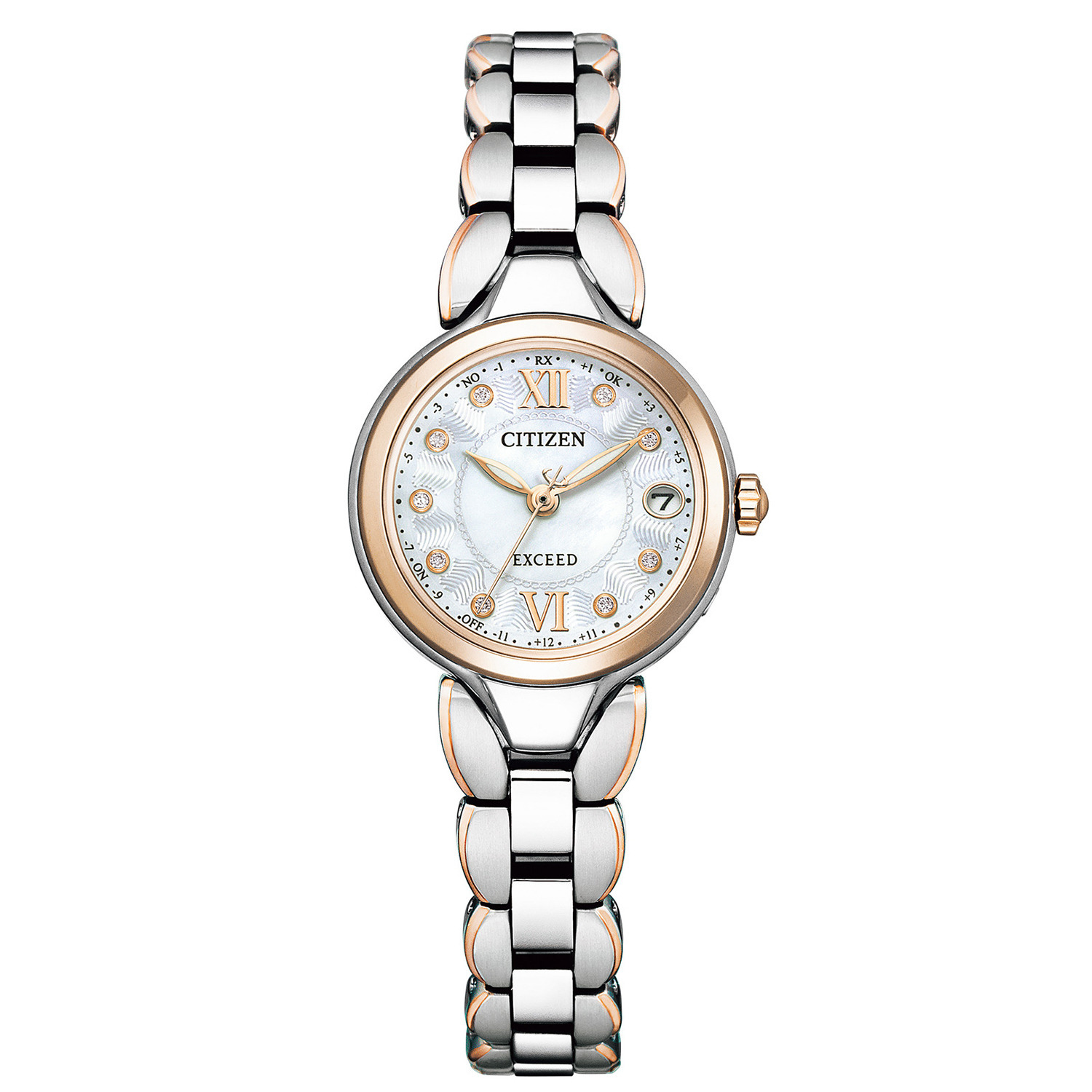 シチズン “エクシード” ９ポイントダイヤモンド ラウンドフェイス コンビカラー 電波ソーラーウォッチ