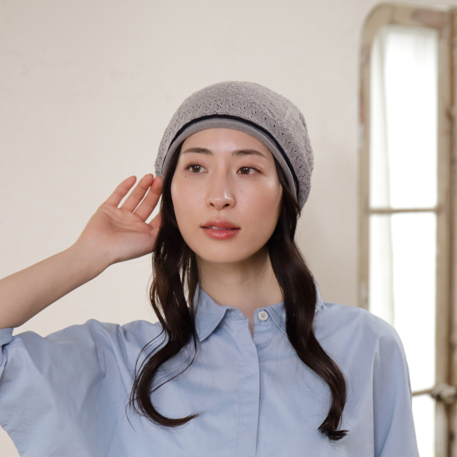 タイムクロス 日本製　超軽量 洗えるシルク混の ホールガーメント（Ｒ） おうちニット帽