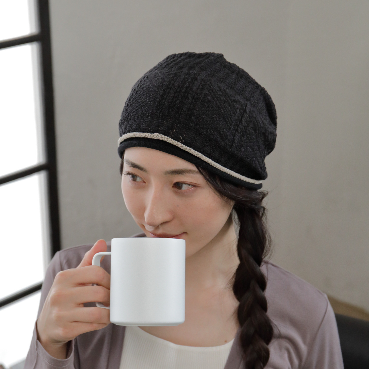 タイムクロス 日本製　超軽量 洗えるシルク混の ホールガーメント（Ｒ） おうちニット帽