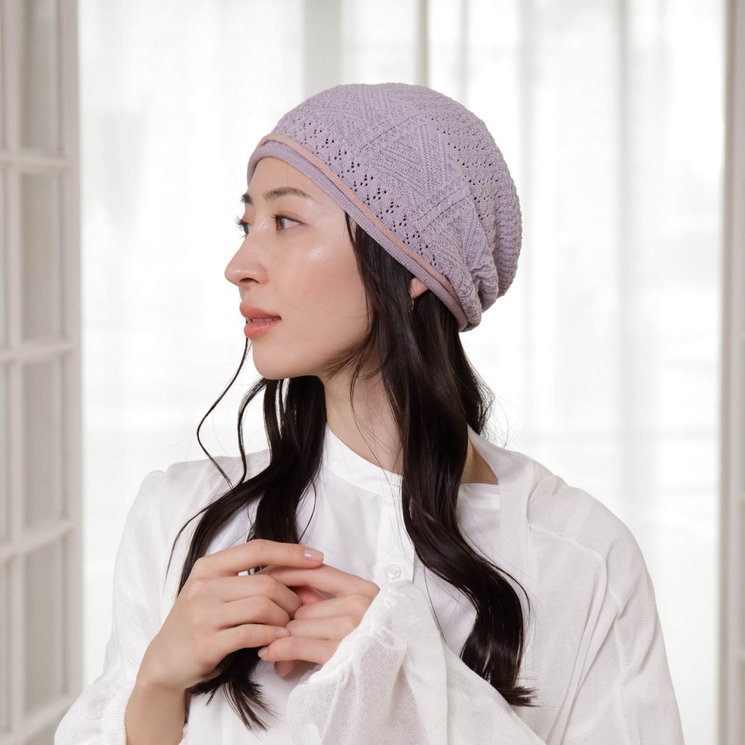 タイムクロス 日本製　超軽量 洗えるシルク混の ホールガーメント（Ｒ） おうちニット帽