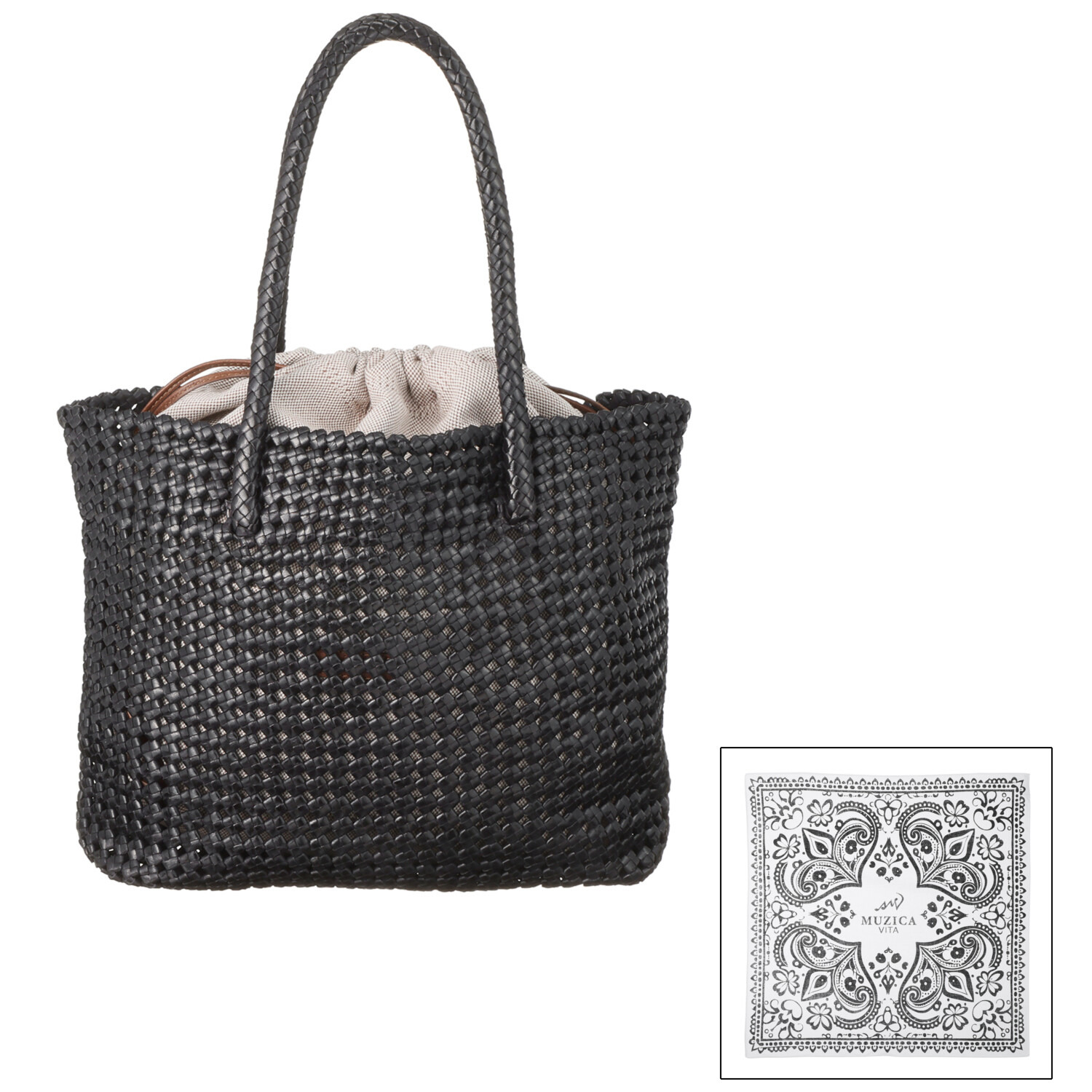 ムジカヴィータ 山羊革 手編みメッシュ 石畳編みトートバッグ ＜ハンカチ付＞