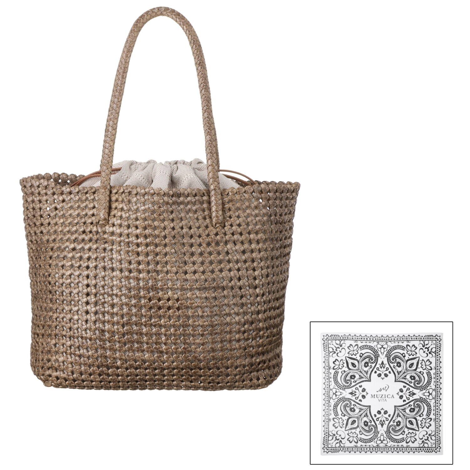 ムジカヴィータ 山羊革 手編みメッシュ 石畳編みトートバッグ ＜ハンカチ付＞