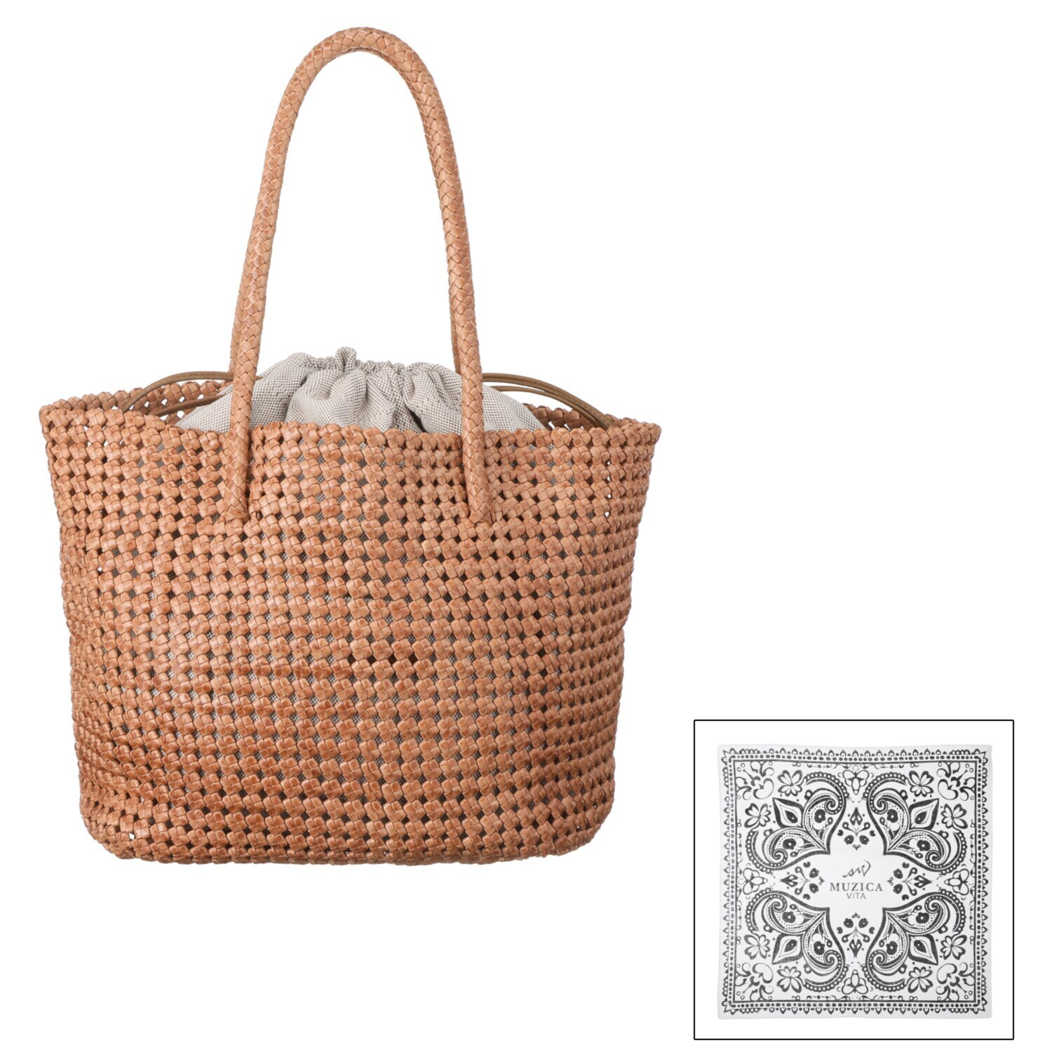 ムジカヴィータ 山羊革 手編みメッシュ 石畳編みトートバッグ ＜ハンカチ付＞