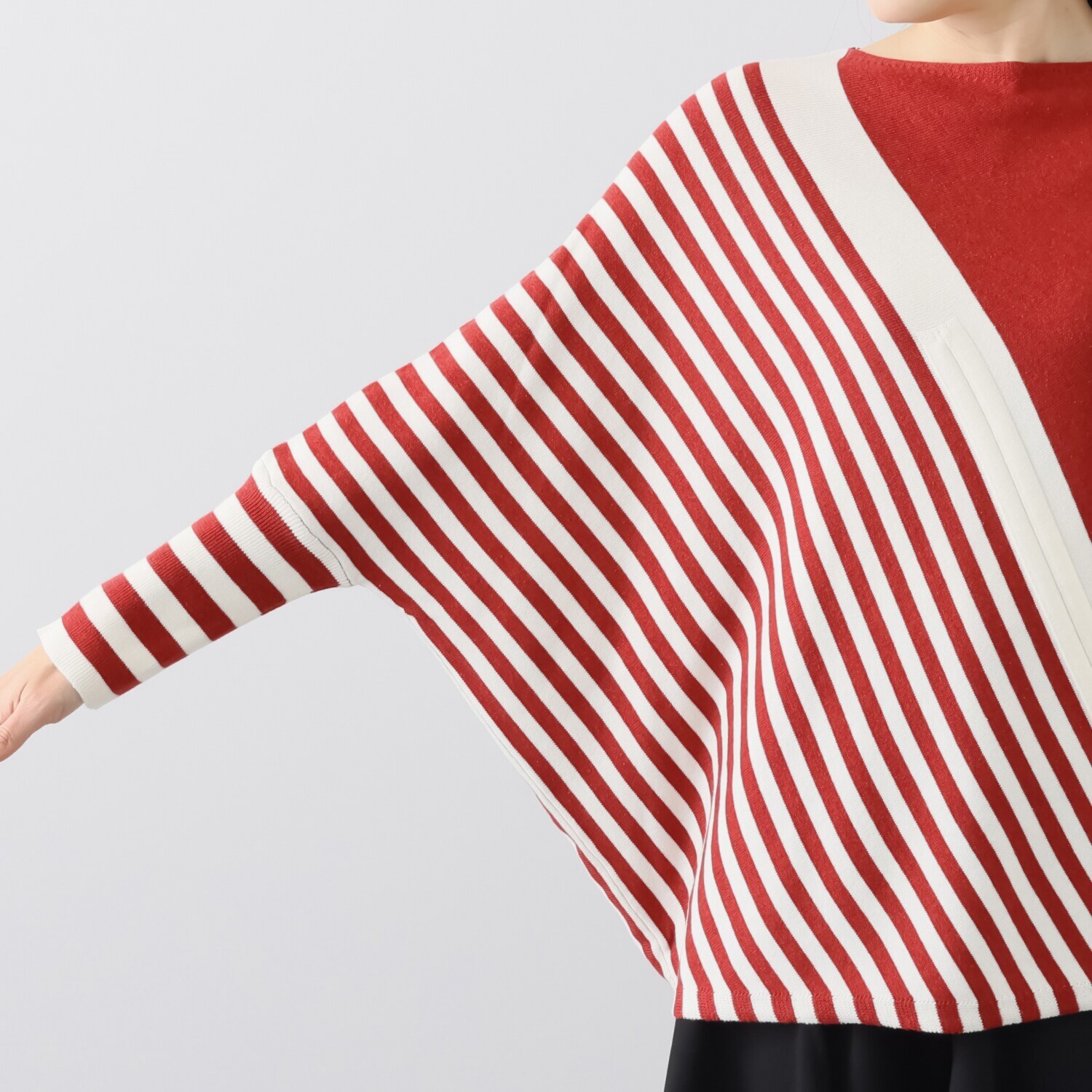 ベルポニー バイアスボーダー柄 ドルマンスリーブ デザインニット プルオーバー