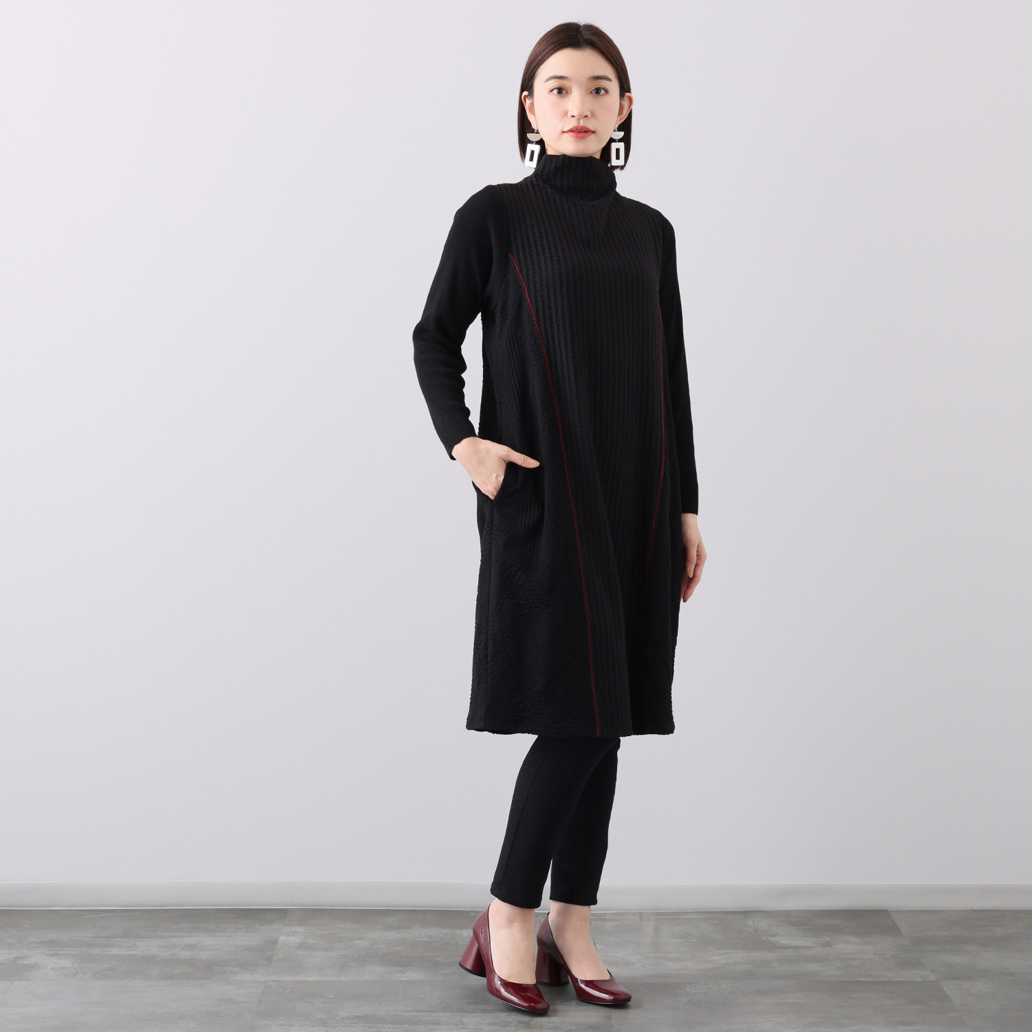 ヨシヨシ バイ　ピージェイ 異素材使い パネルライン切替 デザインロングワンピース