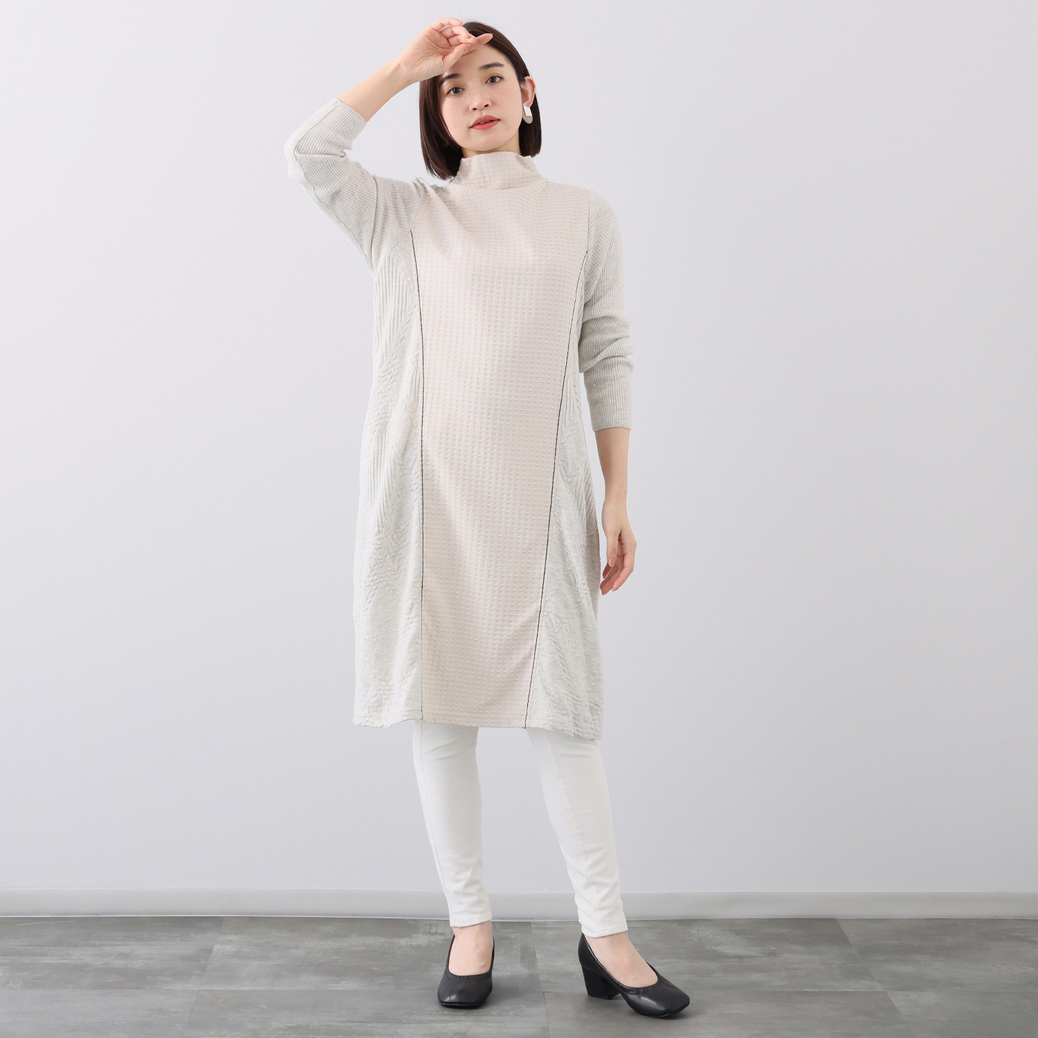 ヨシヨシ バイ　ピージェイ 異素材使い パネルライン切替 デザインロングワンピース