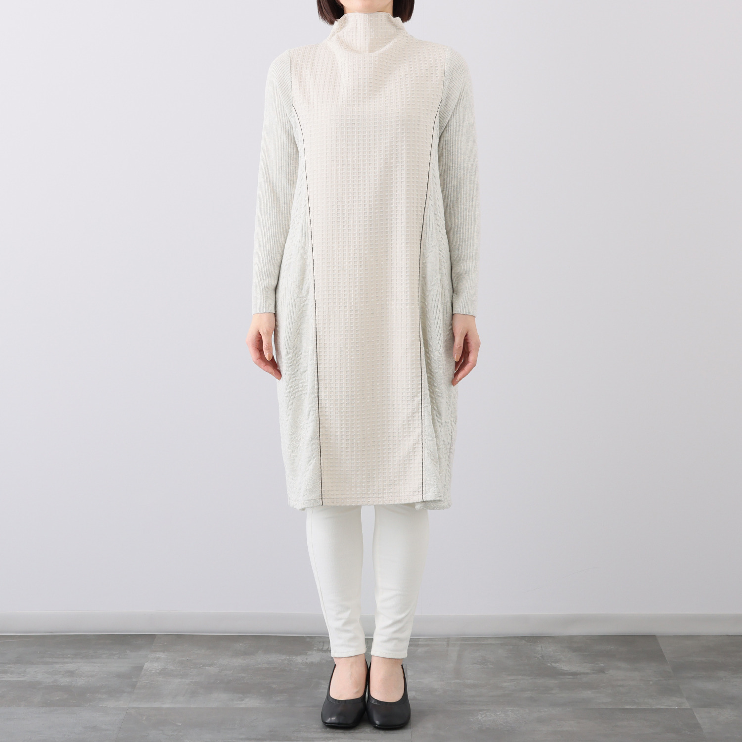 ヨシヨシ バイ　ピージェイ 異素材使い パネルライン切替 デザインロングワンピース