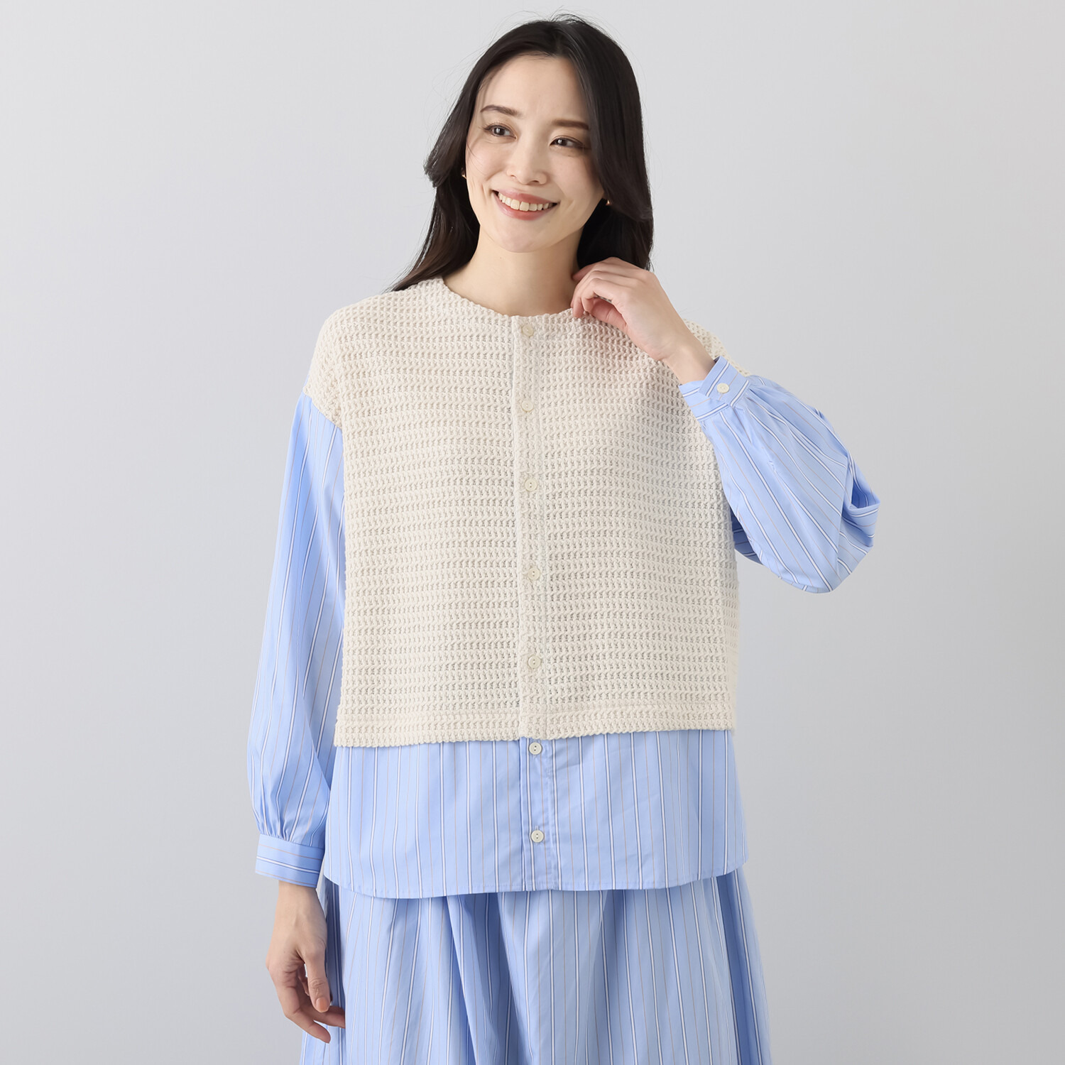 リルアンドリリー ワッフル× マルチストライプ ドッキングデザインシャツ