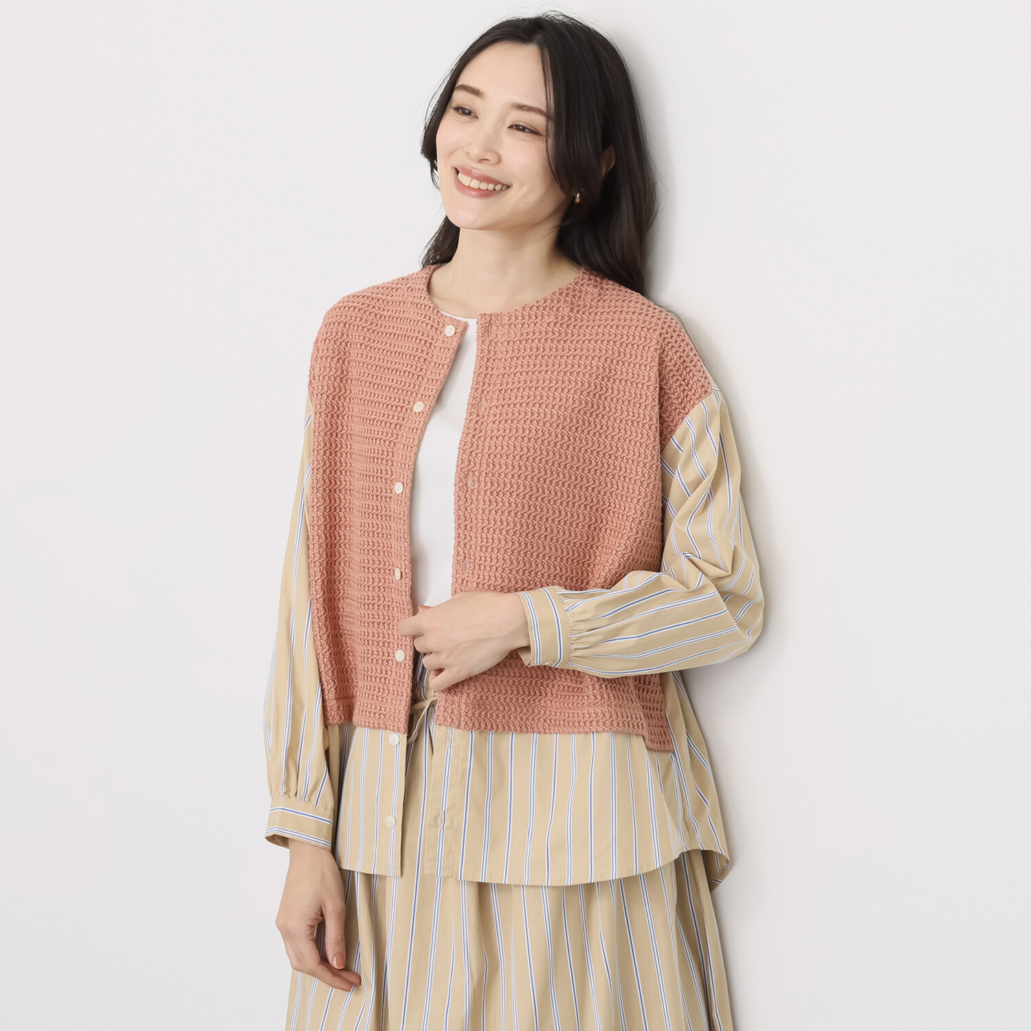 リルアンドリリー ワッフル× マルチストライプ ドッキングデザインシャツ