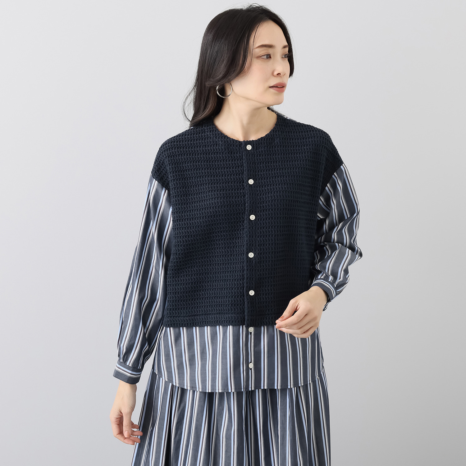 リルアンドリリー ワッフル× マルチストライプ ドッキングデザインシャツ