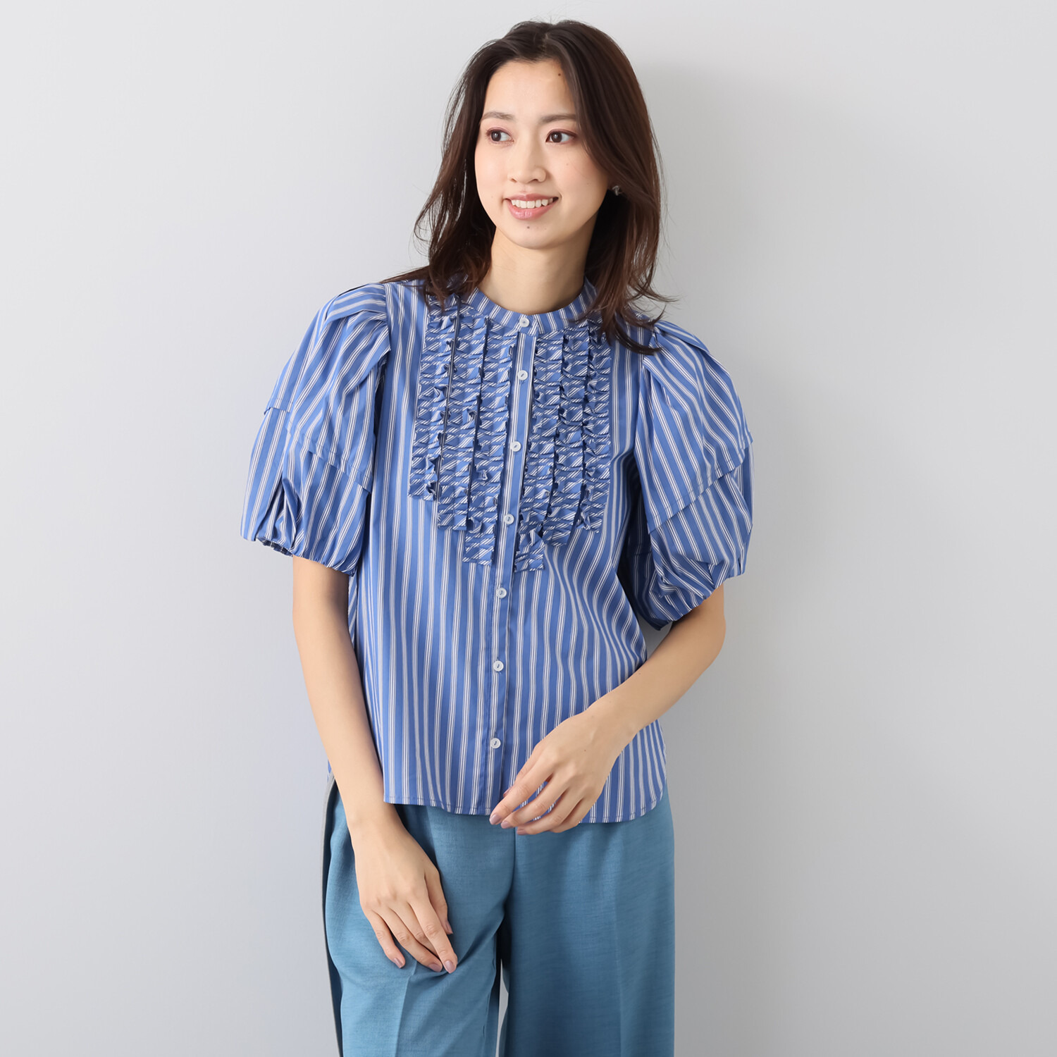 スタイル・ラヴィー フリルアクセント ストライプブラウス