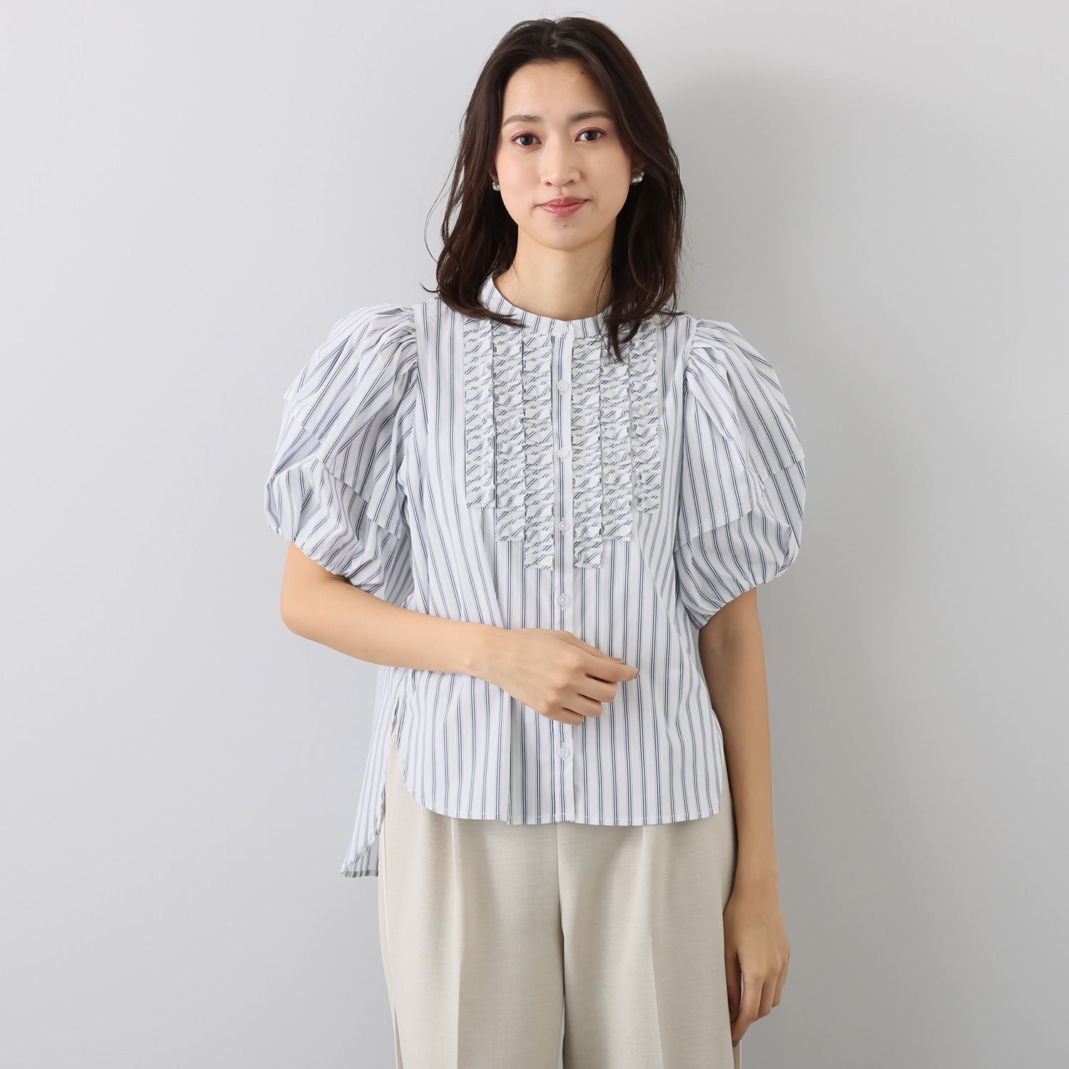 スタイル・ラヴィー フリルアクセント ストライプブラウス