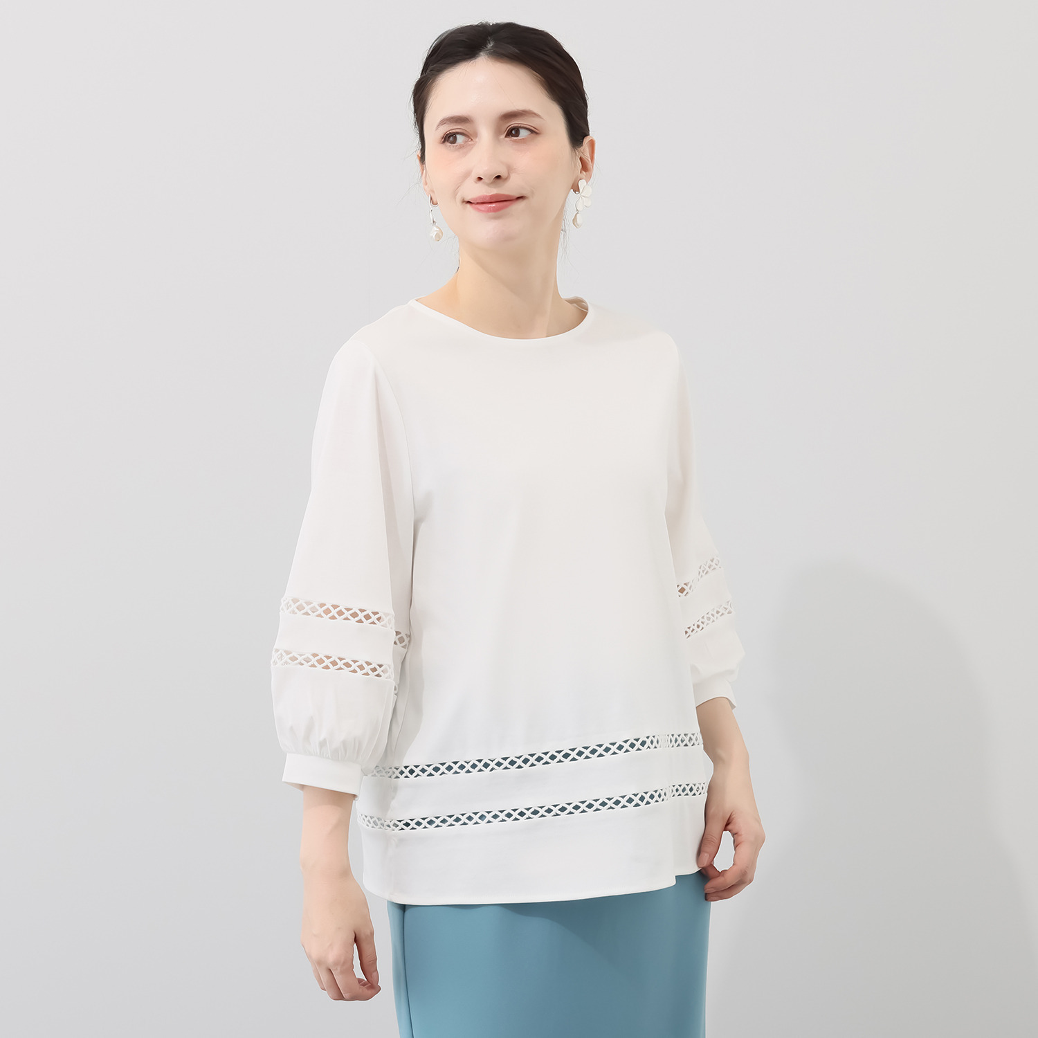 バーチ　ドゥエ 接触冷感 ギザ超長綿ブレンド シルケットスムース ハシゴレーストリミング ブラウス