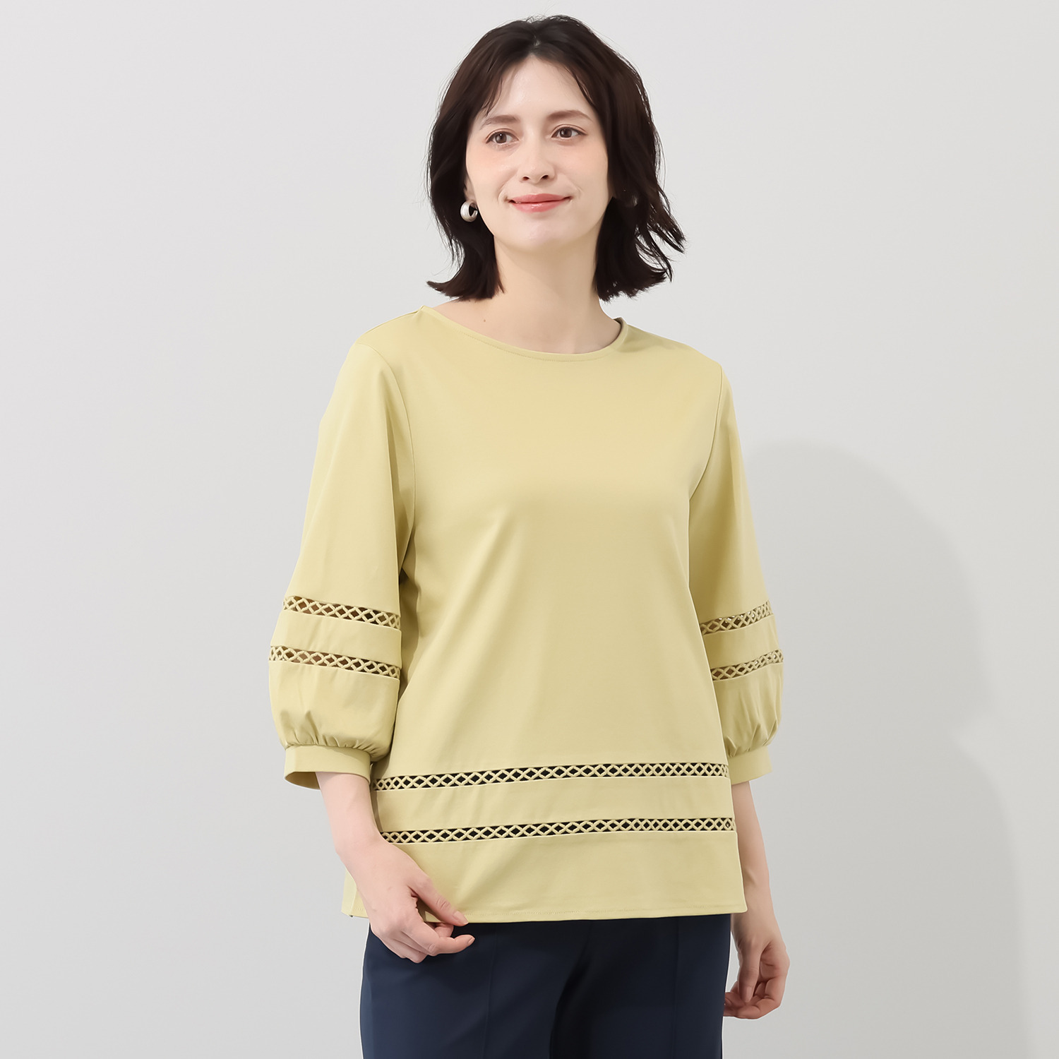 バーチ　ドゥエ 接触冷感 ギザ超長綿ブレンド シルケットスムース ハシゴレーストリミング ブラウス