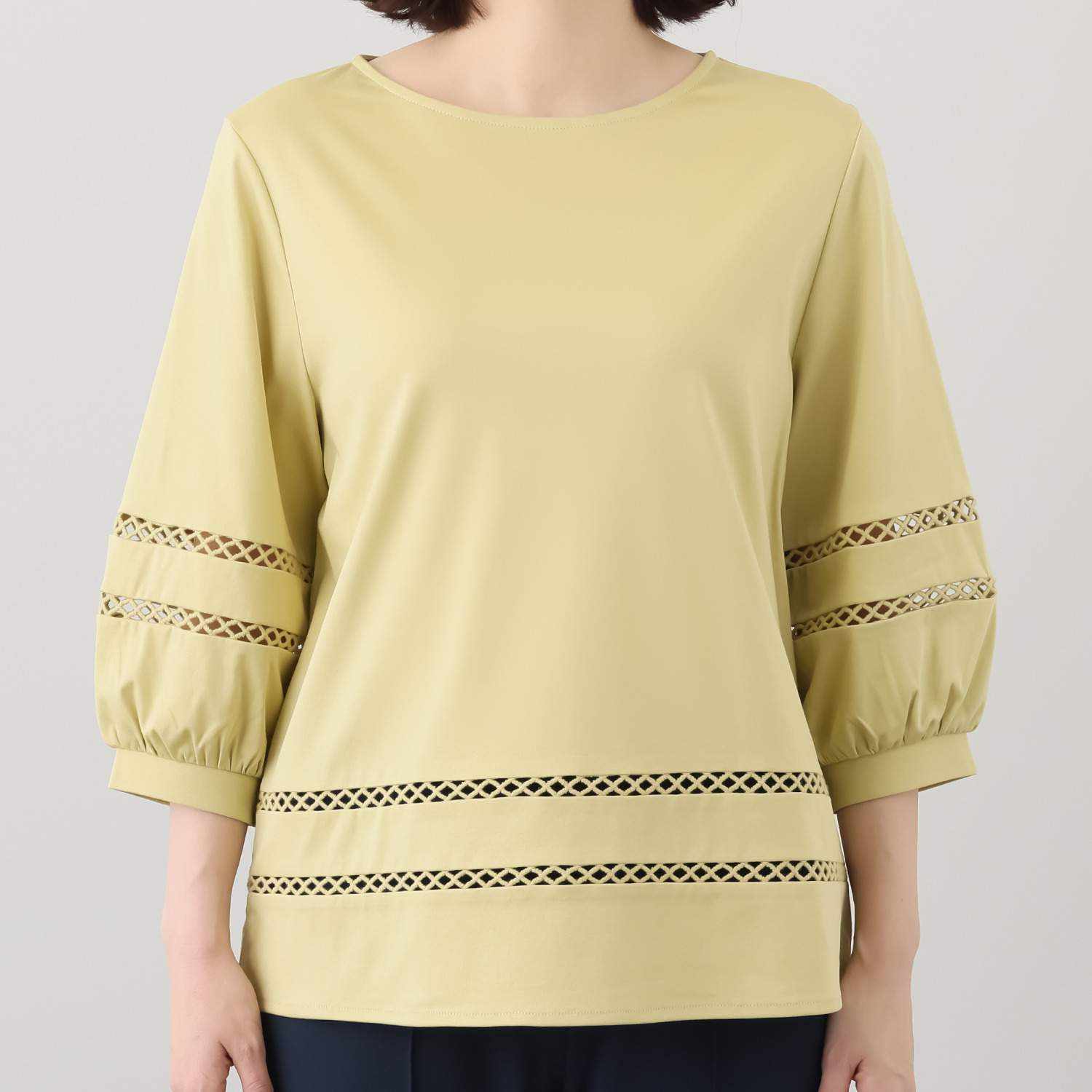 バーチ　ドゥエ 接触冷感 ギザ超長綿ブレンド シルケットスムース ハシゴレーストリミング ブラウス