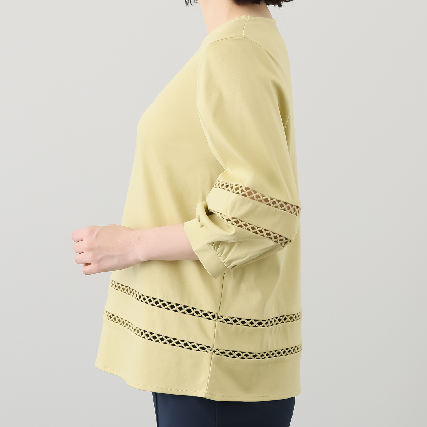 バーチ　ドゥエ 接触冷感 ギザ超長綿ブレンド シルケットスムース ハシゴレーストリミング ブラウス