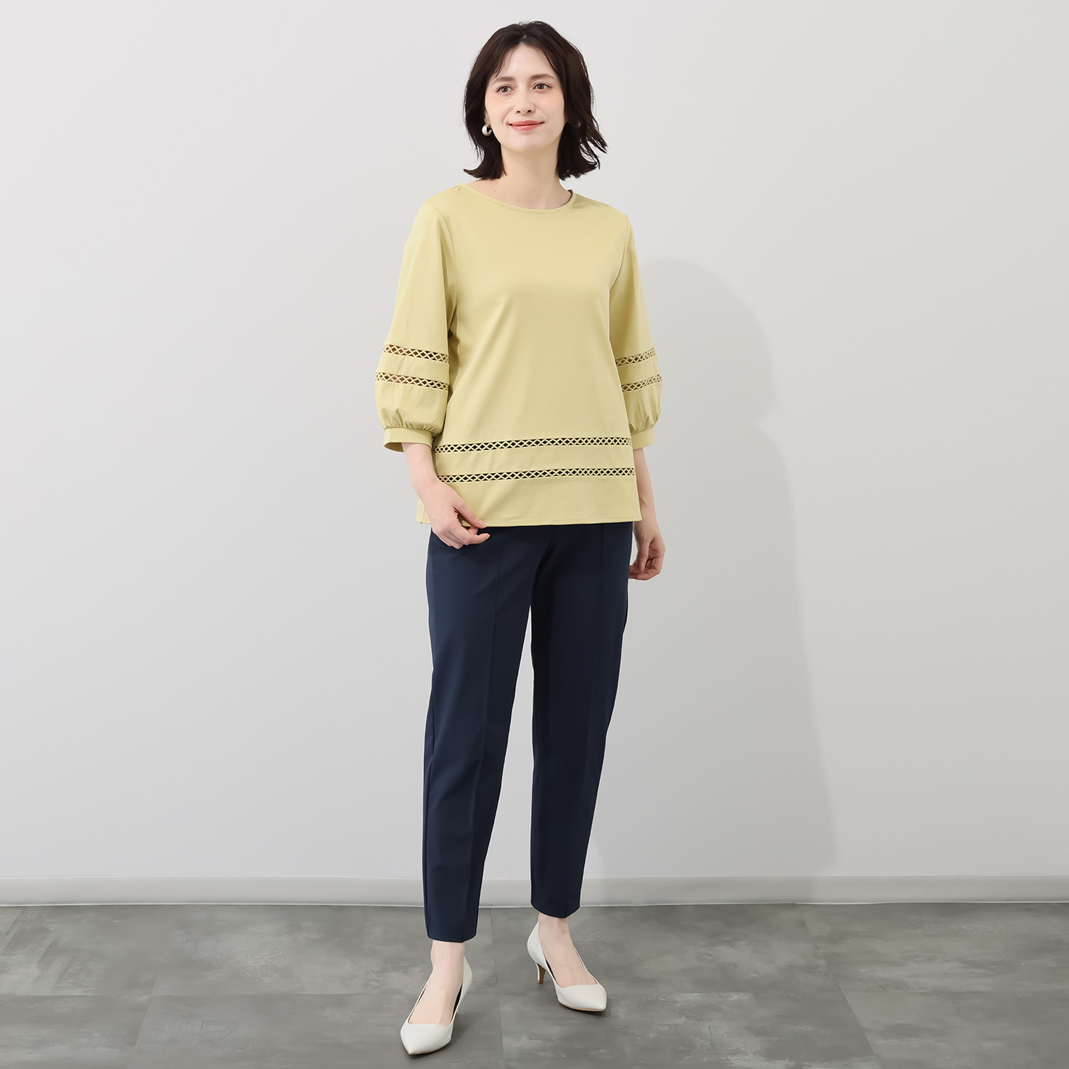 バーチ　ドゥエ 接触冷感 ギザ超長綿ブレンド シルケットスムース ハシゴレーストリミング ブラウス