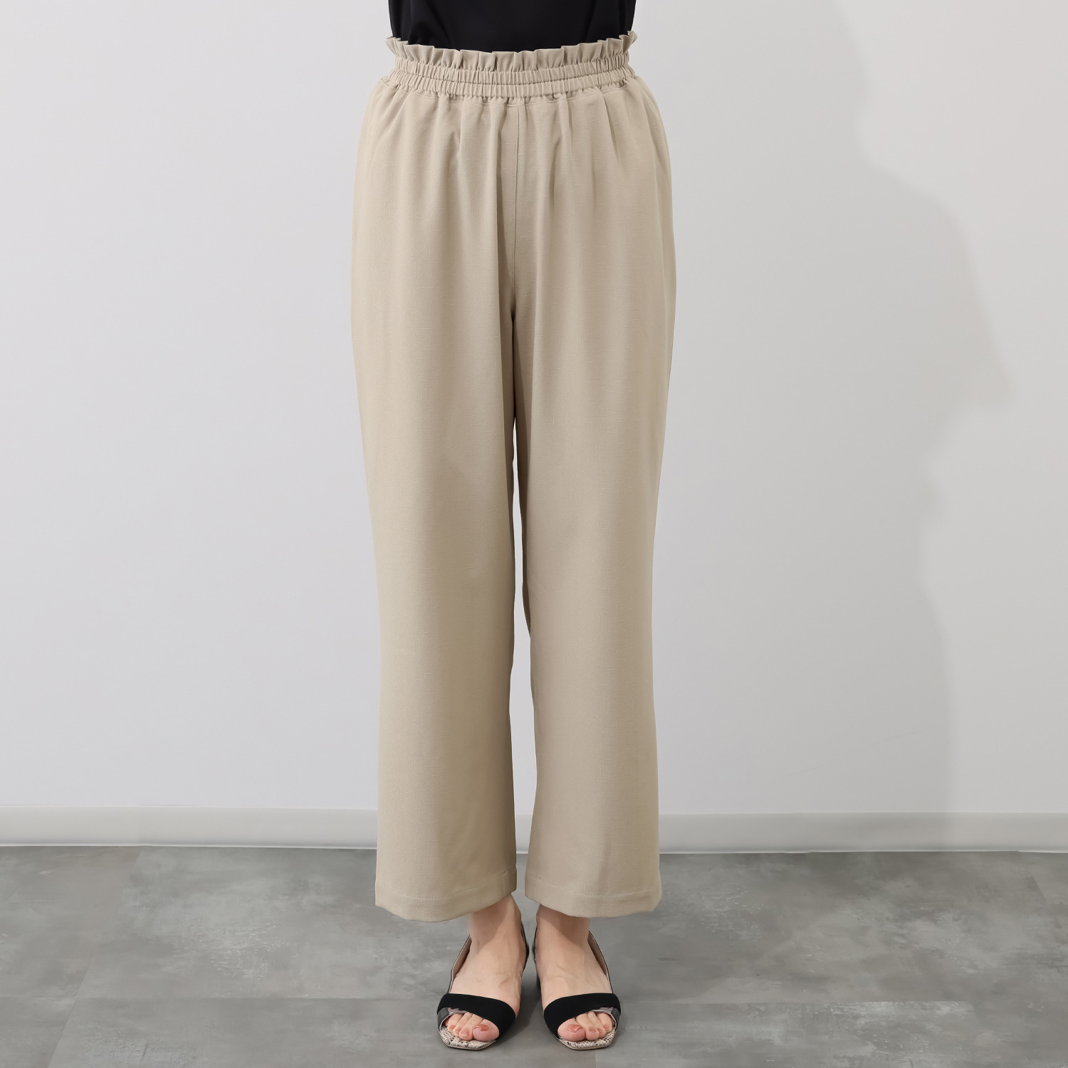 シルバーミントシュガー リネン調 ハイウエストデザイン ゆったりヒップの ストレートパンツ