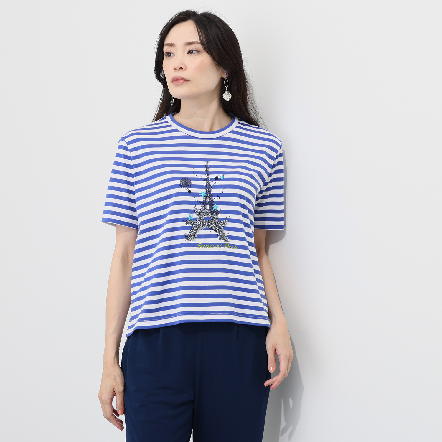 フィル・クロレ 日本製 ギザコットン混 サガラ刺しゅう ボーダーＴシャツ