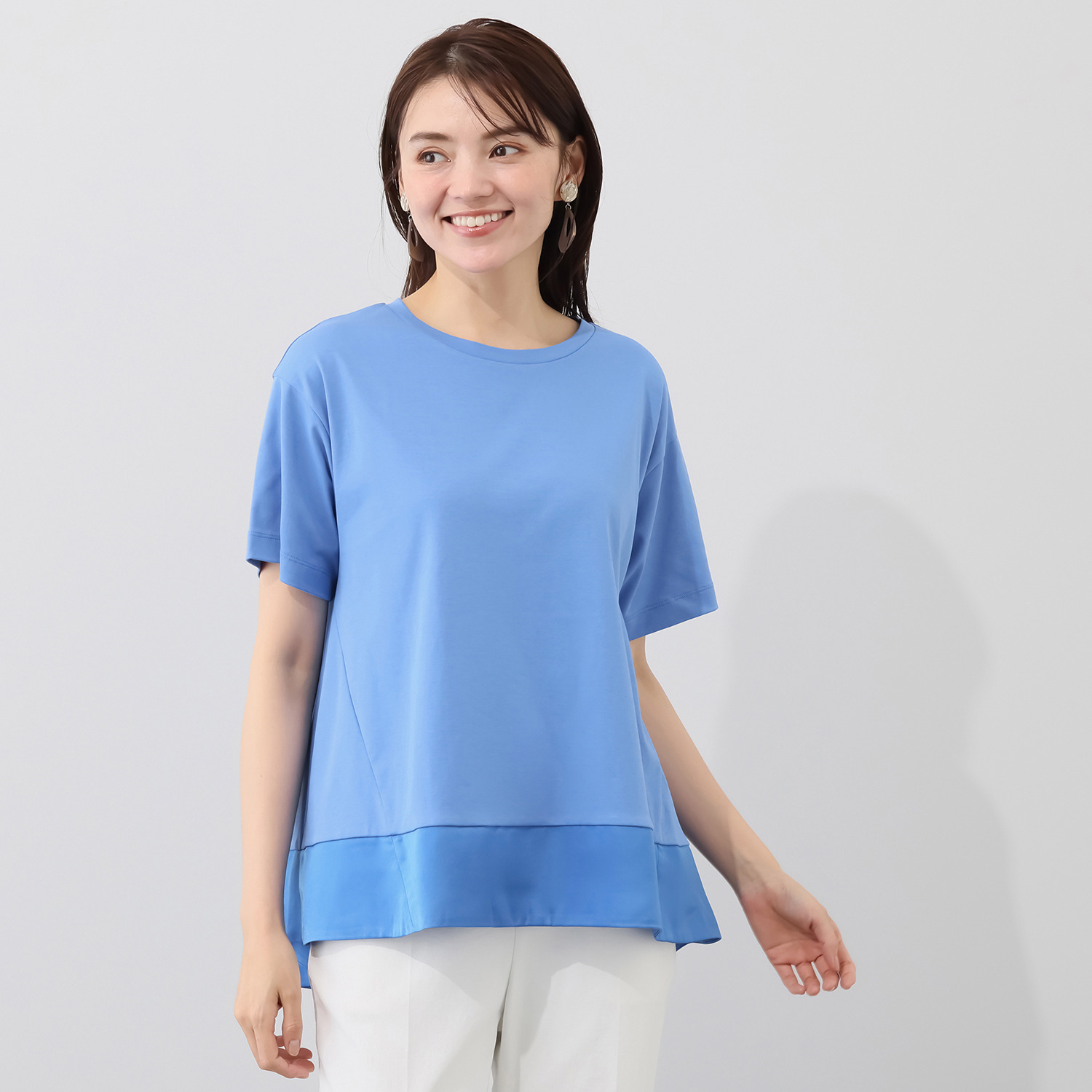 元町ゼラール コットン１００％ スムースジャージー サテンアクセント 半袖プルオーバー