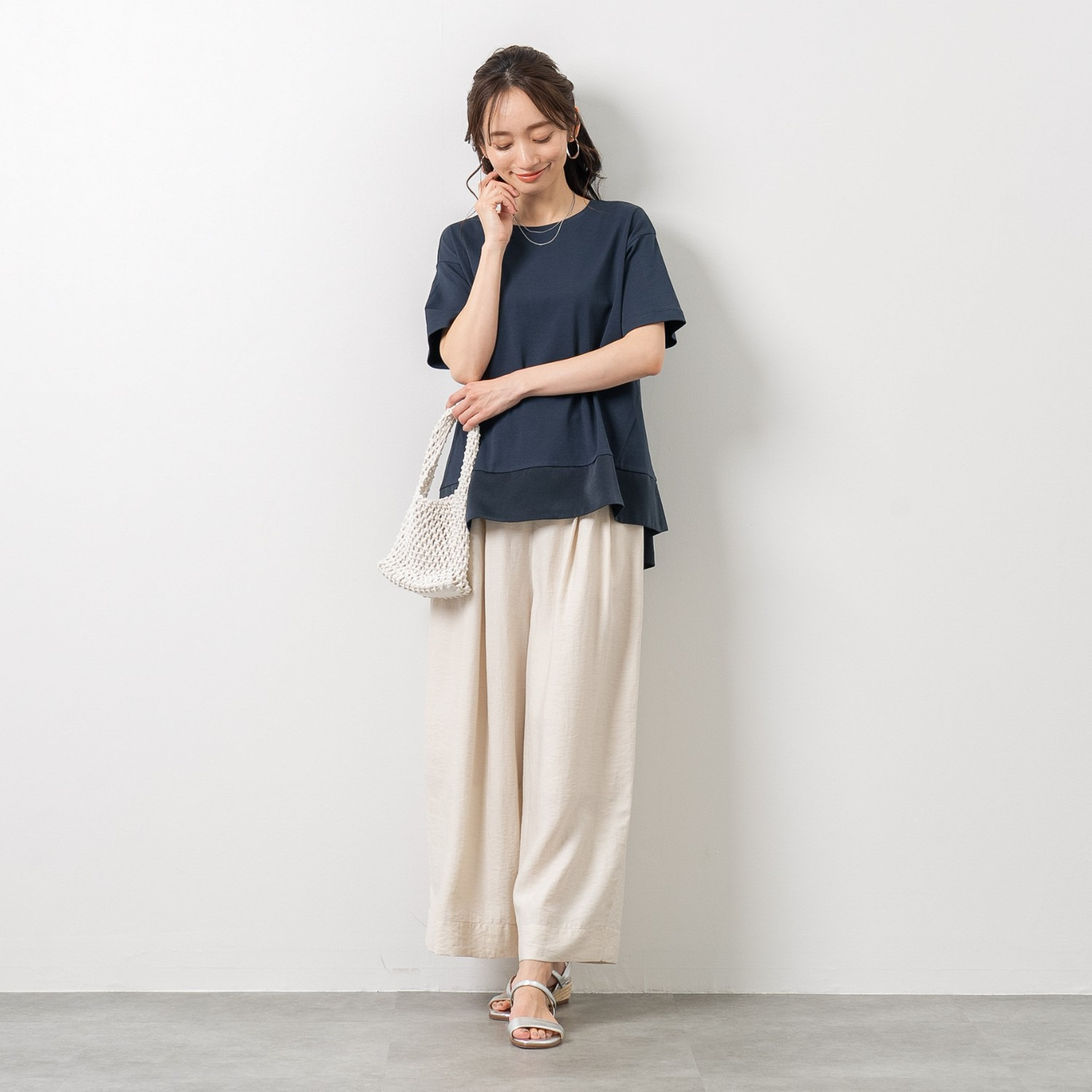 元町ゼラール コットン１００％ スムースジャージー サテンアクセント 半袖プルオーバー