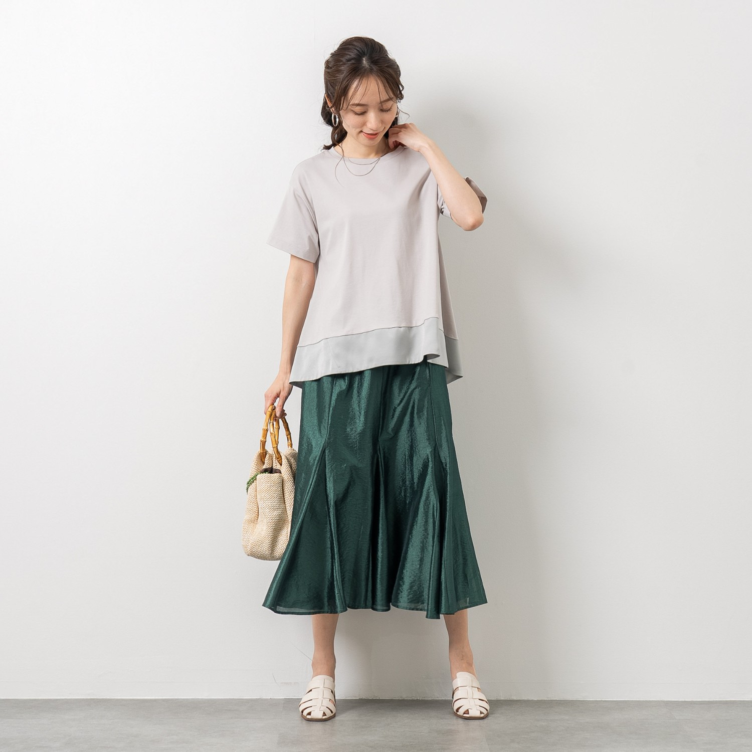 元町ゼラール コットン１００％ スムースジャージー サテンアクセント 半袖プルオーバー