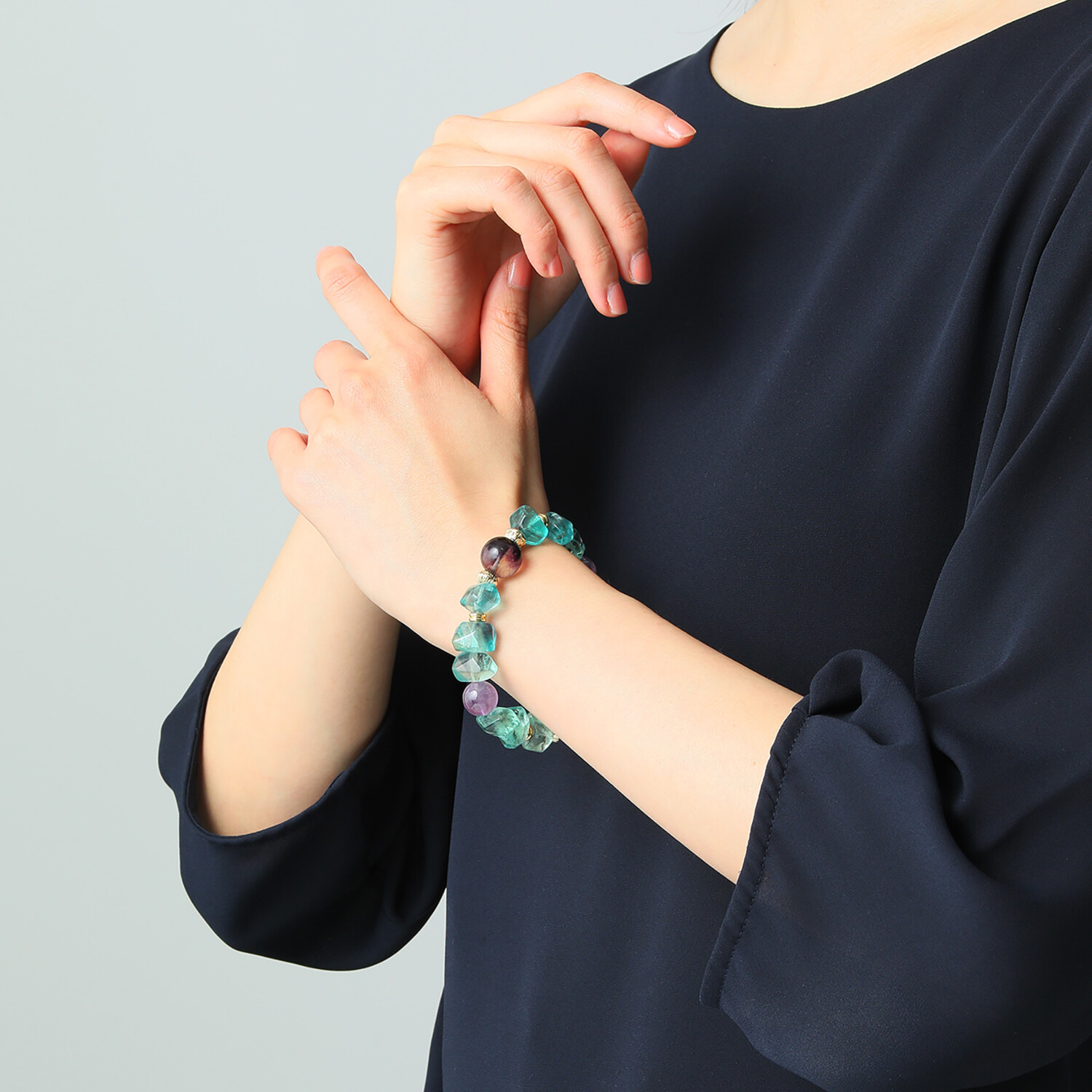 マイクローバー フローライト＆ アメシスト＆ アクアマリン イラスティック ブレスレット 〜人間関係・心・健康運〜