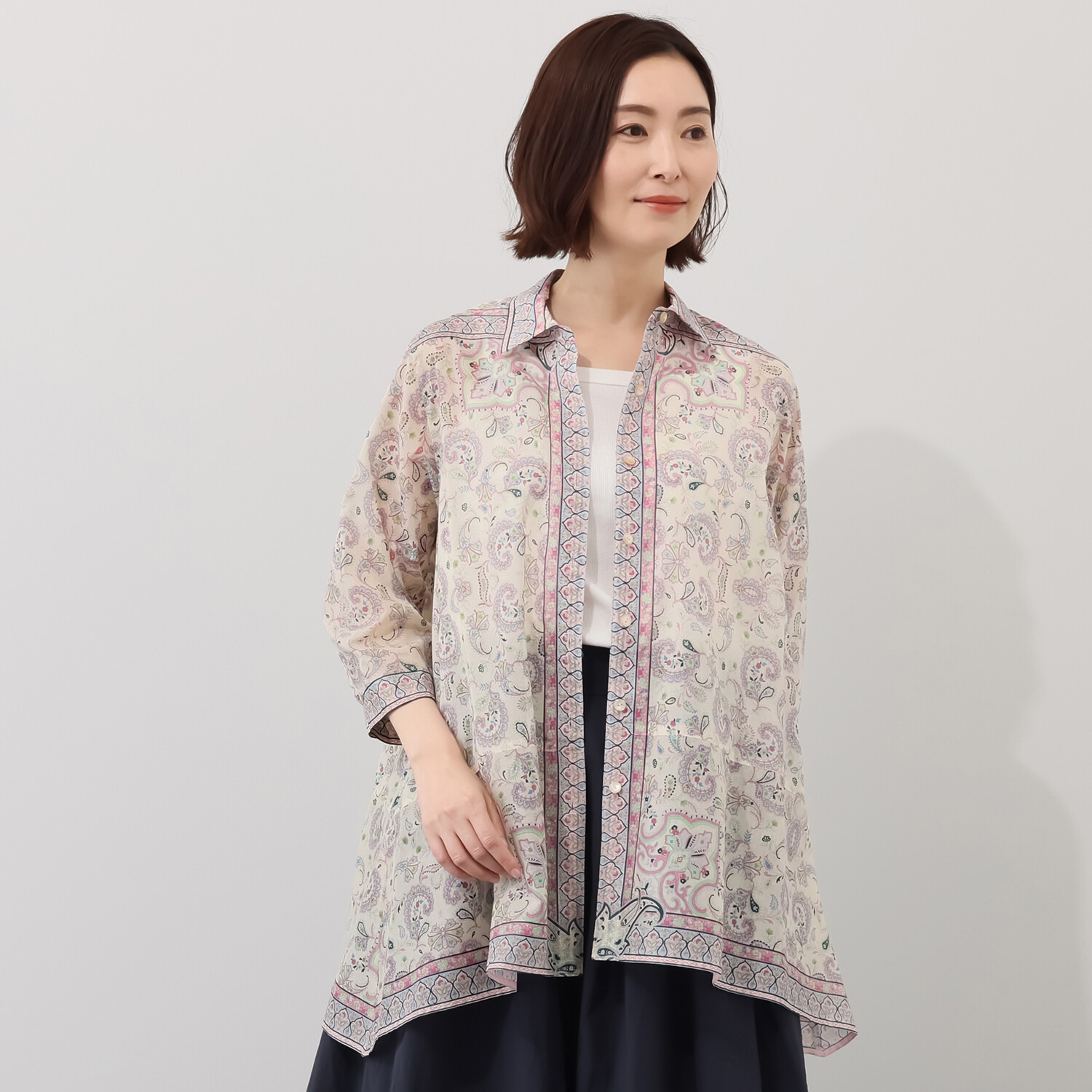 シルクロードクラブ フラワーフェザー柄 イレギュラーヘム 七分袖チュニック