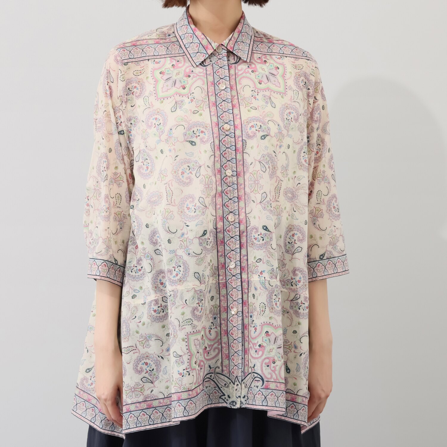 シルクロードクラブ フラワーフェザー柄 イレギュラーヘム 七分袖チュニック