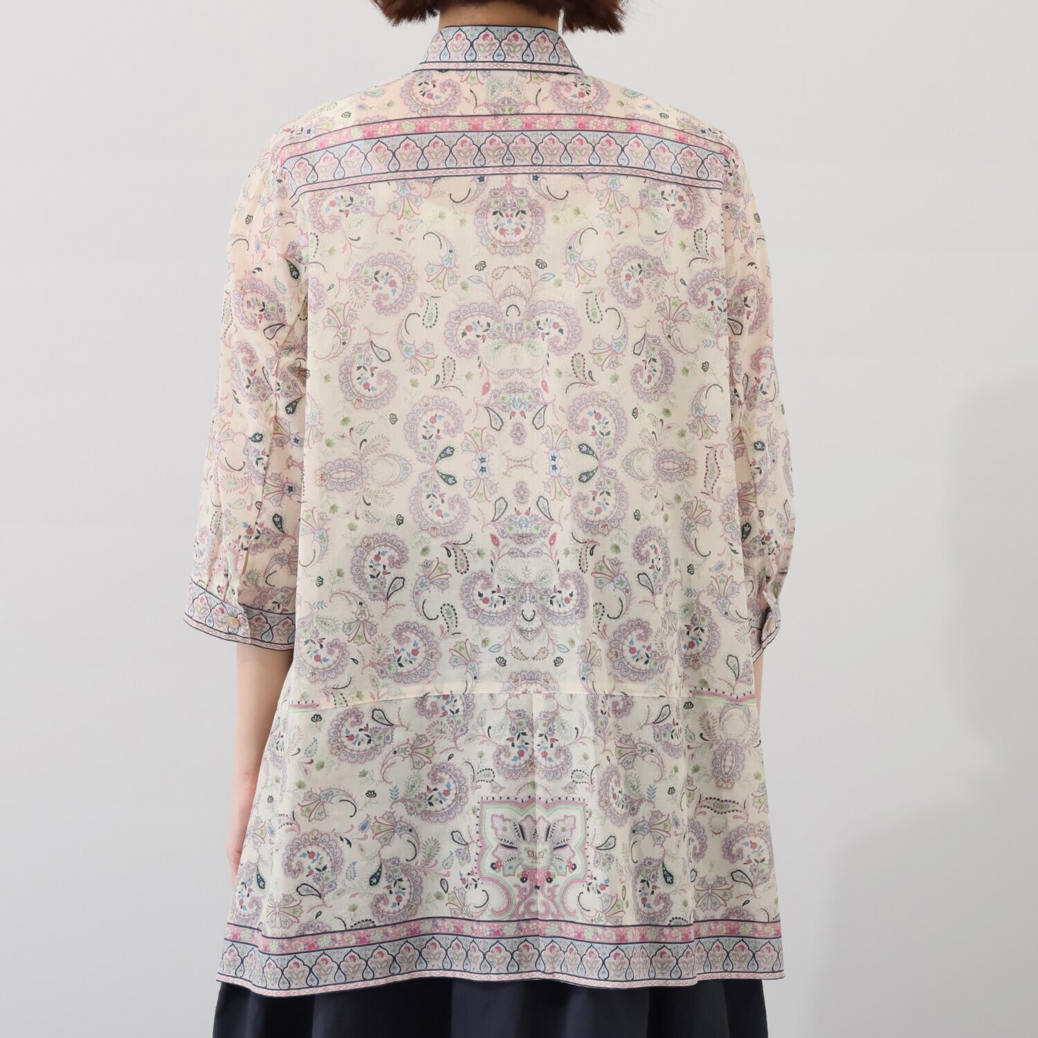 シルクロードクラブ フラワーフェザー柄 イレギュラーヘム 七分袖チュニック