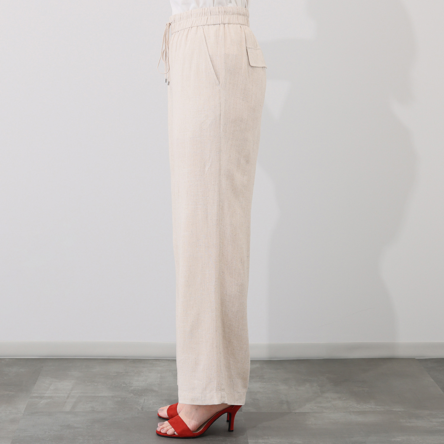 バイブリジット リネン混 ウエストドローストリング セミワイドパンツ