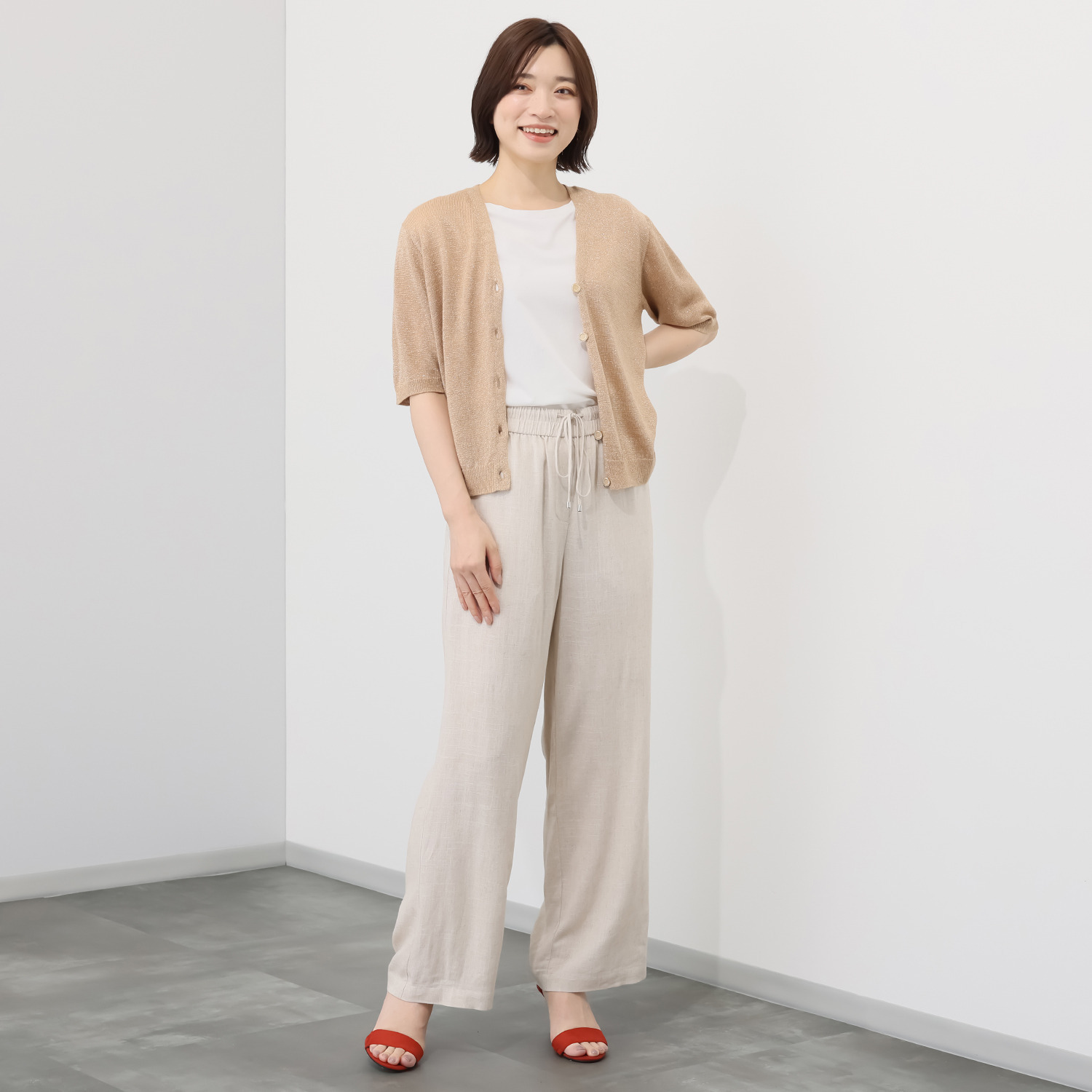 バイブリジット リネン混 ウエストドローストリング セミワイドパンツ