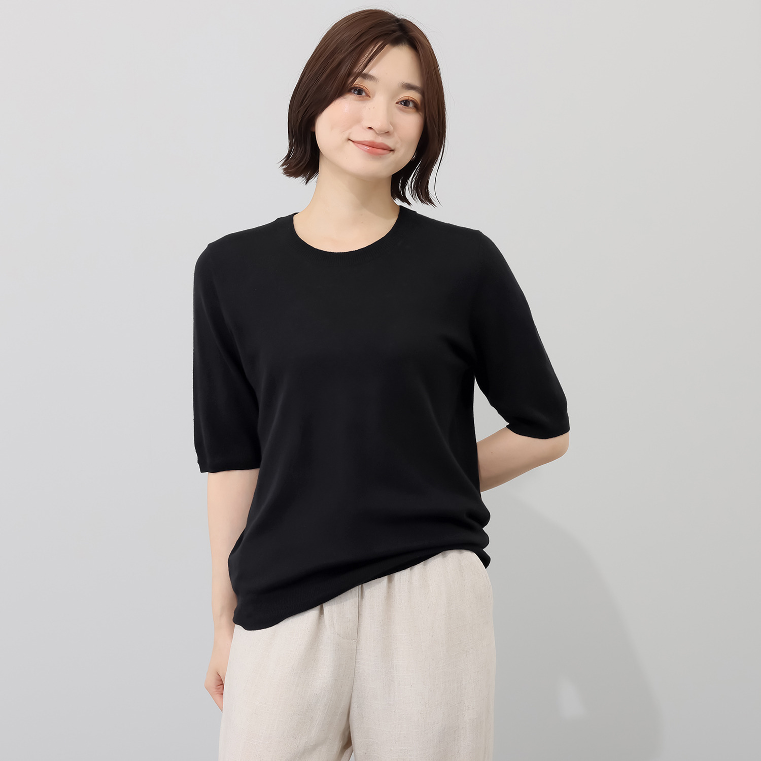 バイブリジット コットンリネンシルク ハーフスリーブ ニットプルオーバー