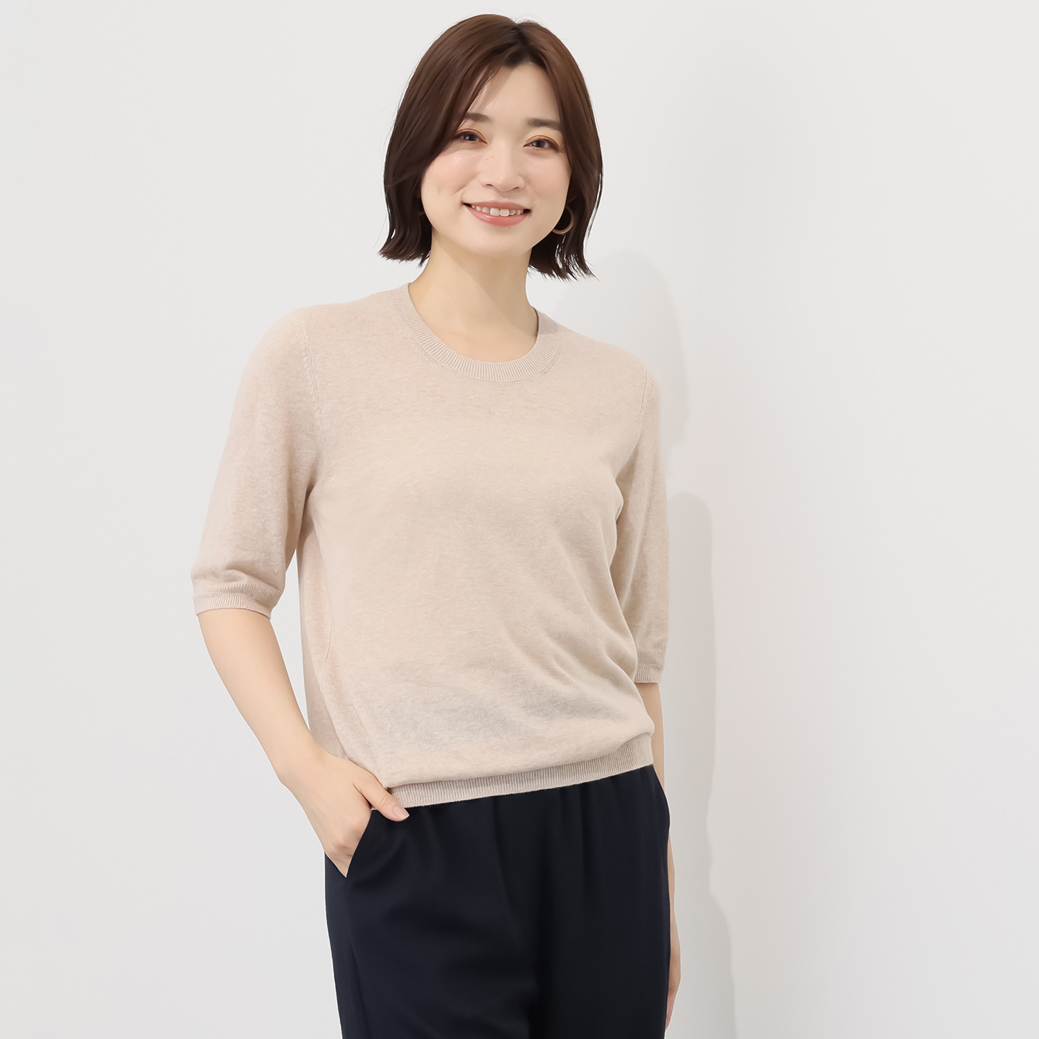 バイブリジット コットンリネンシルク ハーフスリーブ ニットプルオーバー