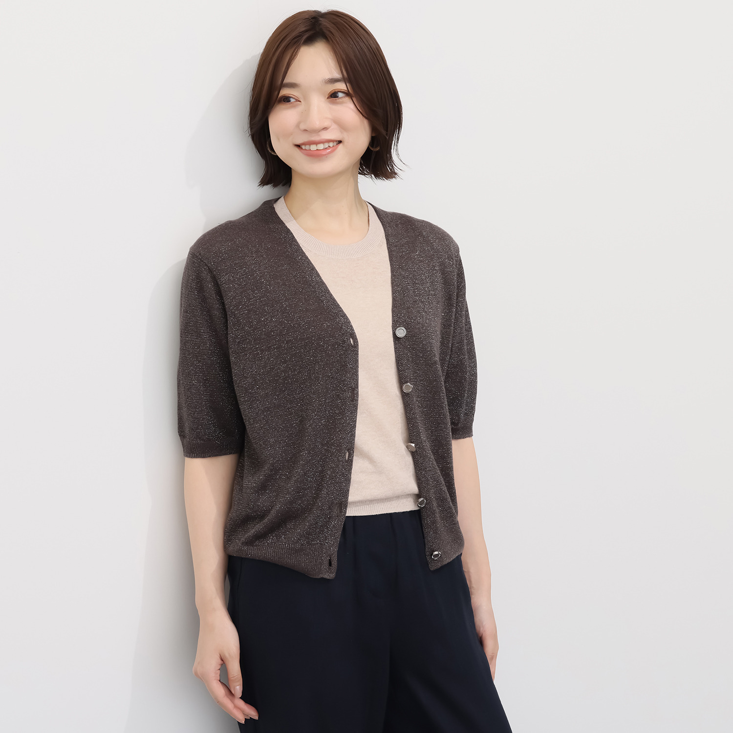 バイブリジット グリッターリネン混 ハーフスリーブ ニットカーディガン