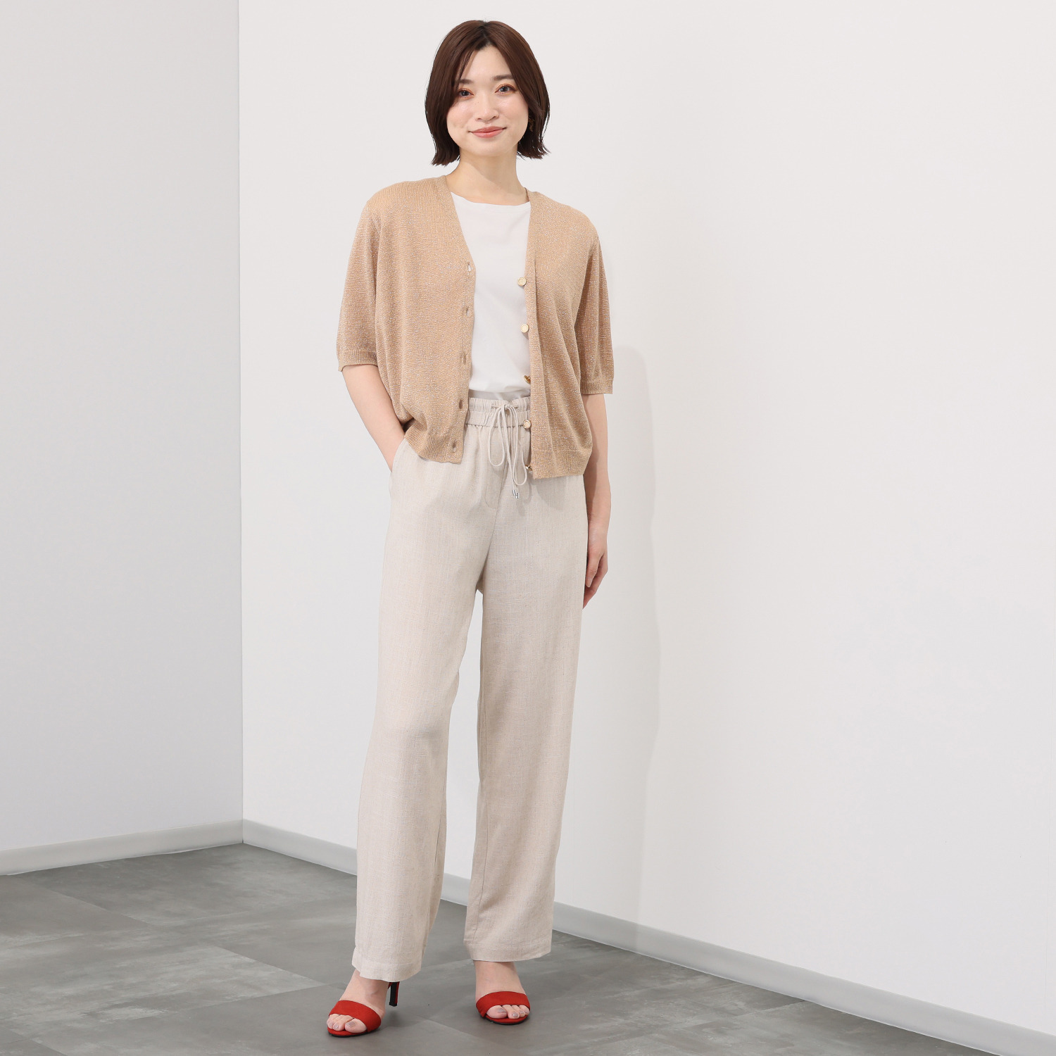 バイブリジット グリッターリネン混 ハーフスリーブ ニットカーディガン