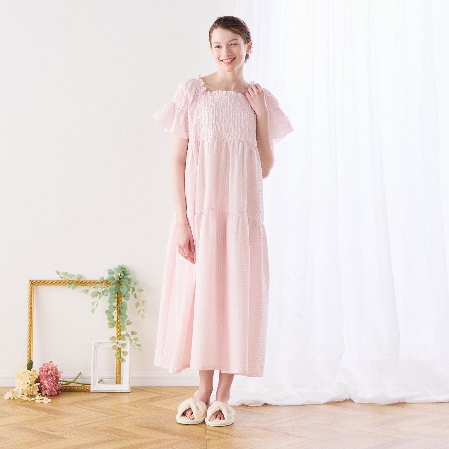 ナルエー 綿１００％サッカー パフスリーブワンピース