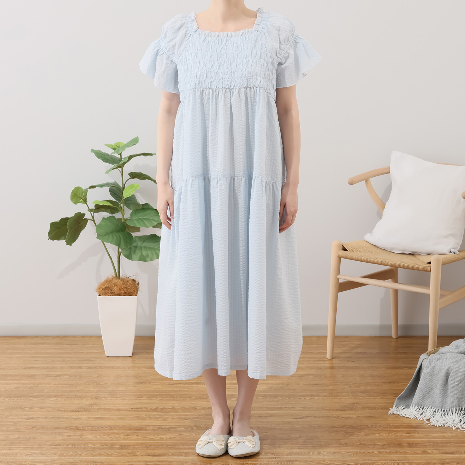 ナルエー 綿１００％サッカー パフスリーブワンピース