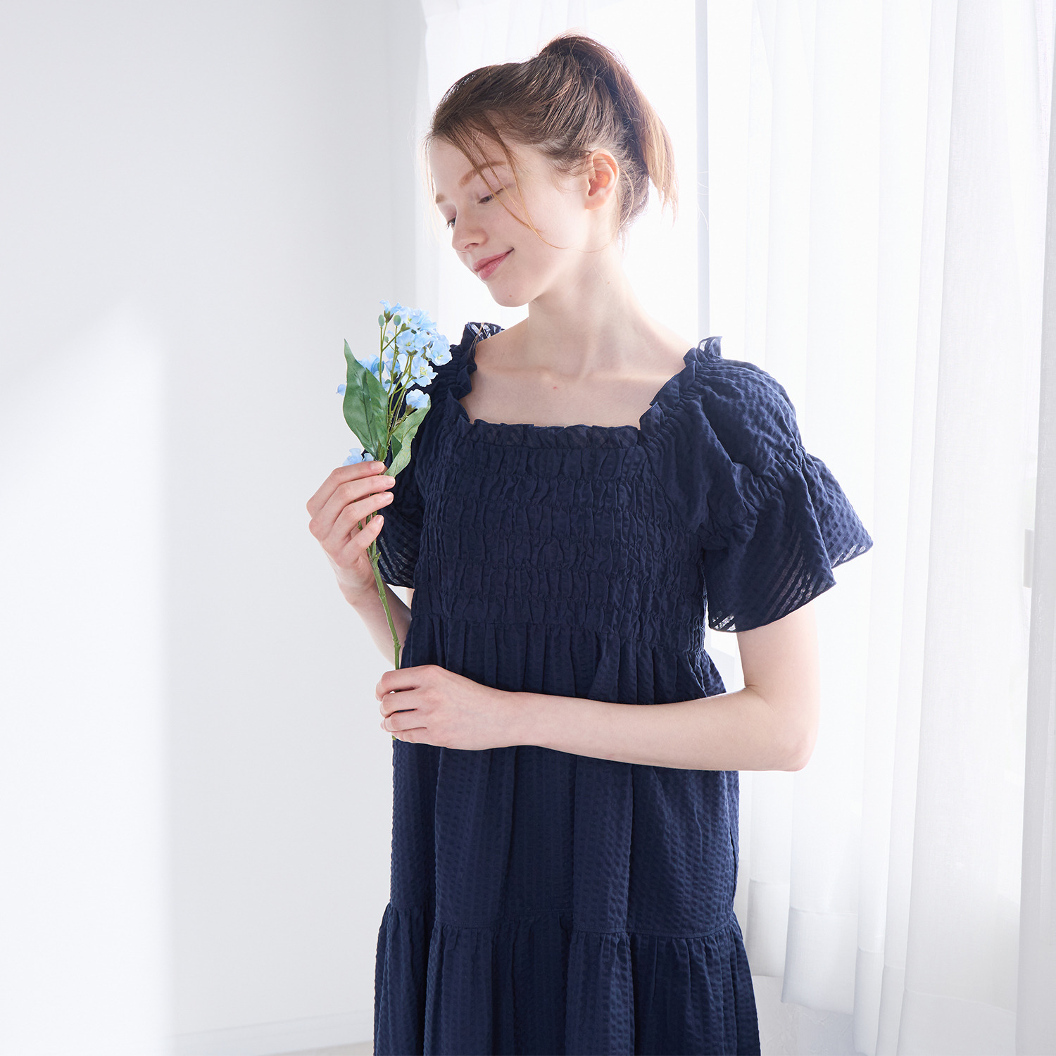 ナルエー 綿１００％サッカー パフスリーブワンピース