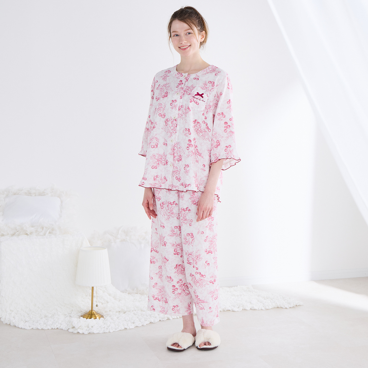 ナルエー 綿１００％ダブルガーゼ チェリーパジャマ