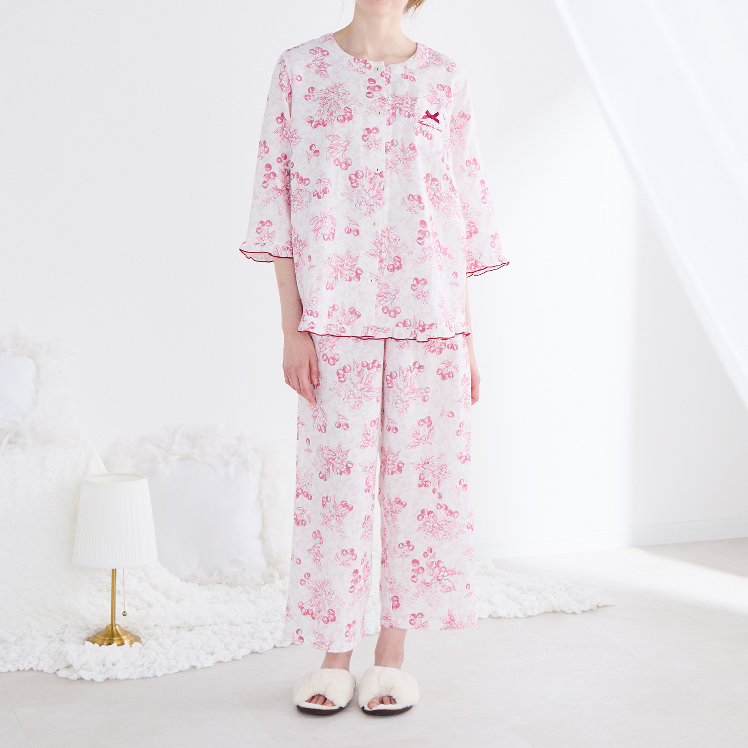 ナルエー 綿１００％ダブルガーゼ チェリーパジャマ