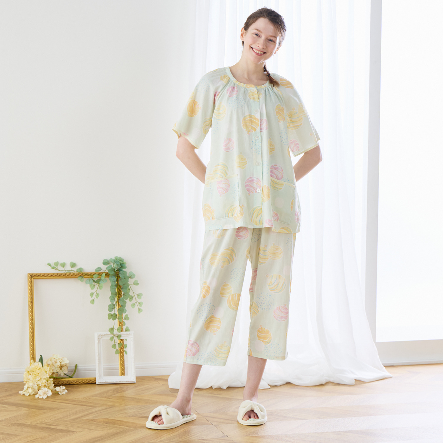 ナルエー 綿１００％楊柳 ヨーヨー柄 パジャマ