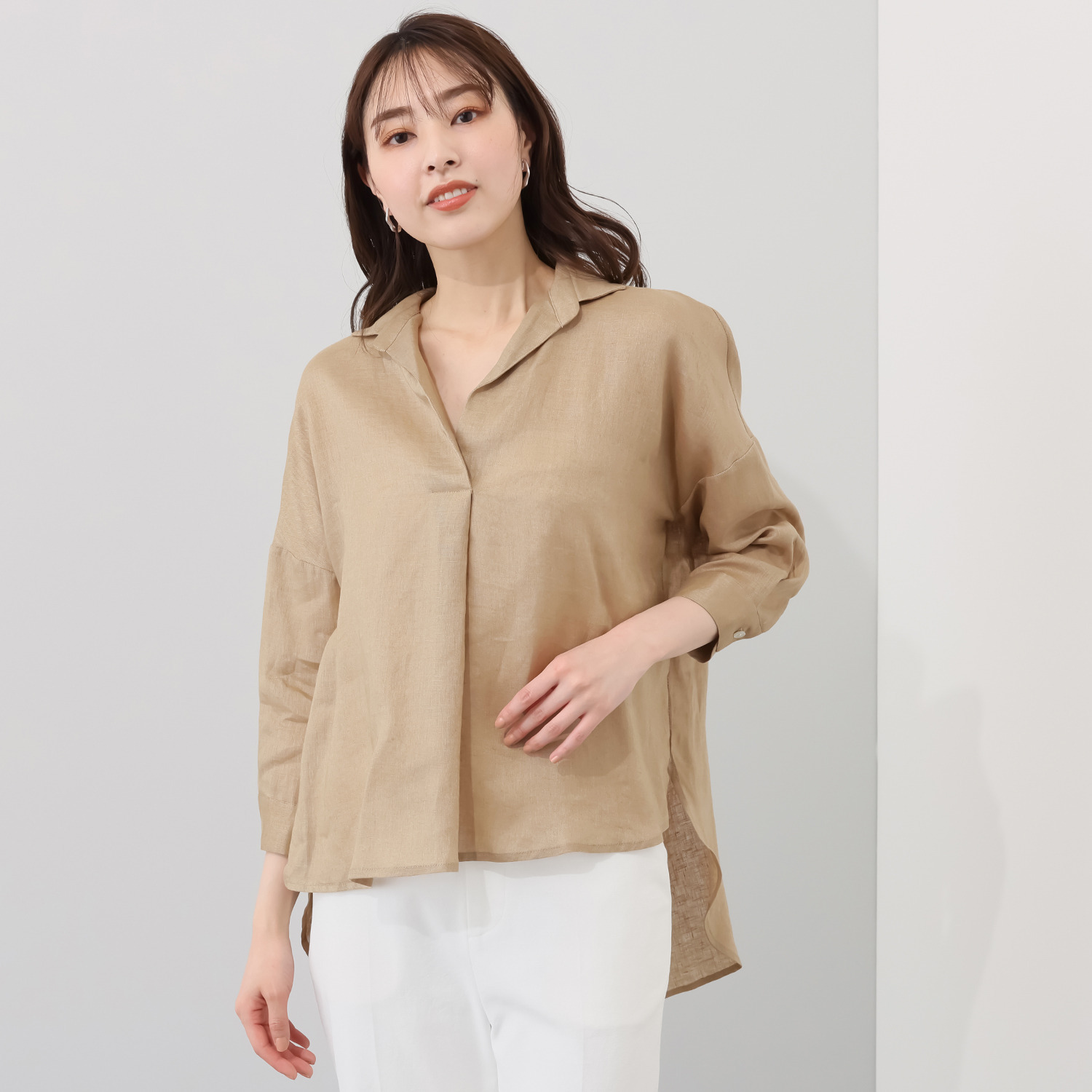 メリオン ヨーロピアンフラックスＲ フレンチリネン１００％ スキッパーネック ブラウス