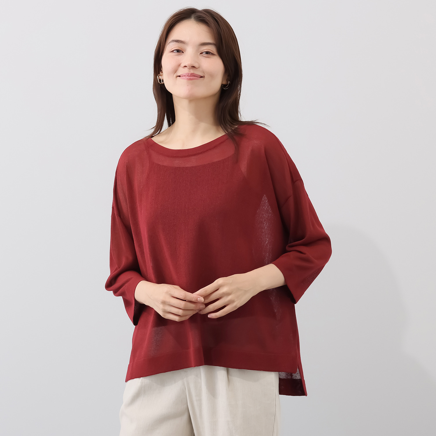 ソアージュ イタリア　カーサ・デル・ フィラート社製糸使用 シアーで上品な煌めき 八分袖プルオーバー