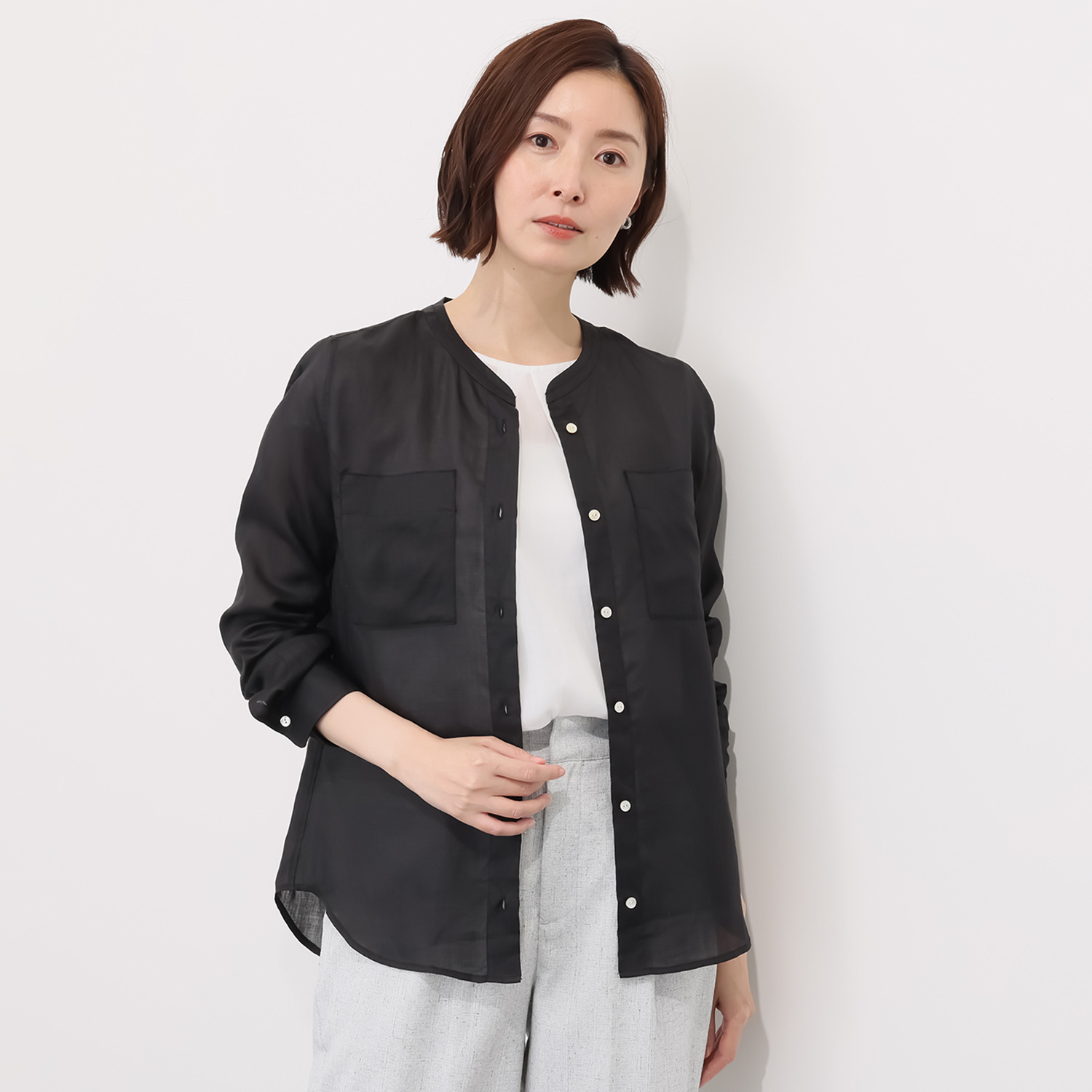 レア　ジェム プレミアムラミーの 極上の涼しさ感じる スタンドカラーシャツ