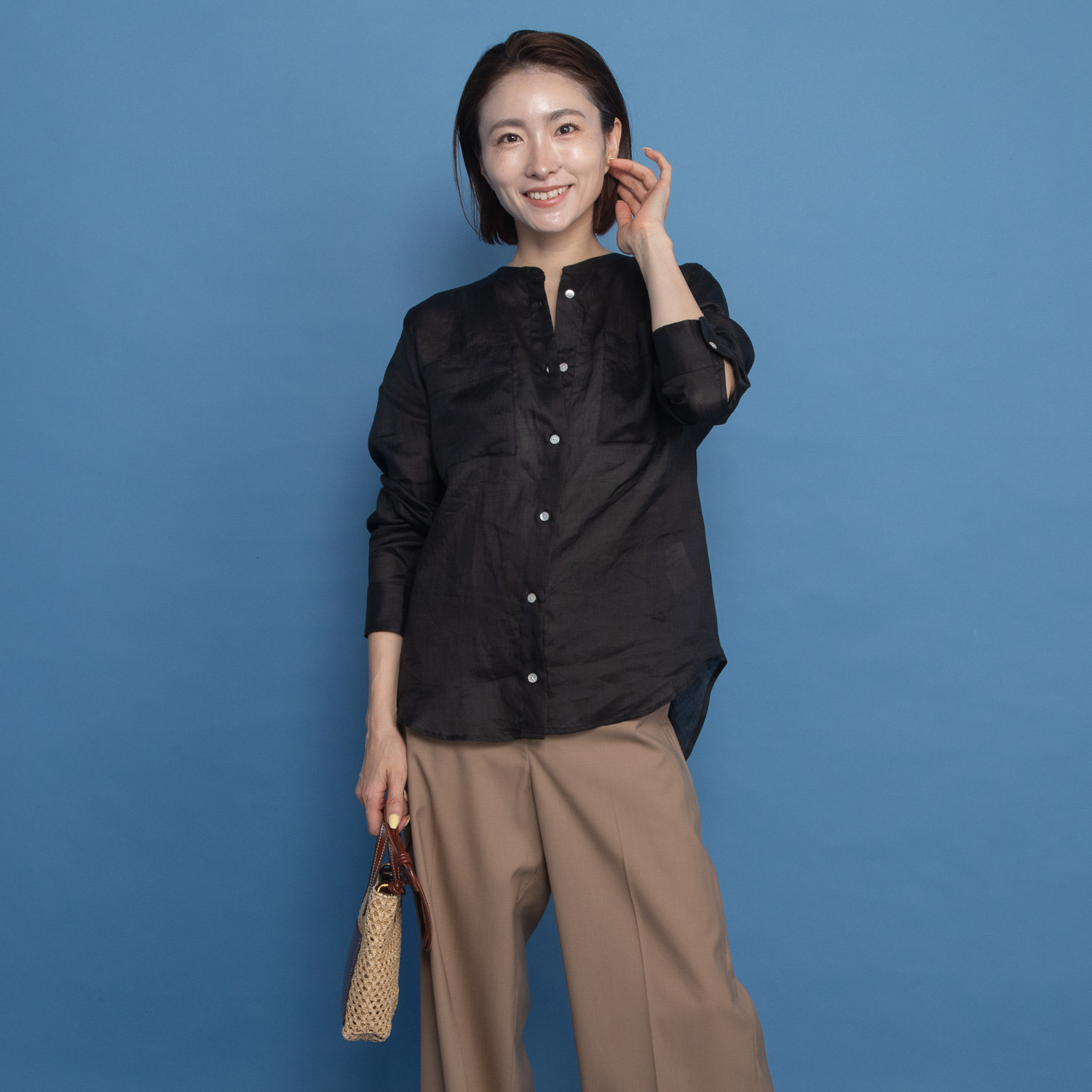 レア　ジェム プレミアムラミーの 極上の涼しさ感じる スタンドカラーシャツ