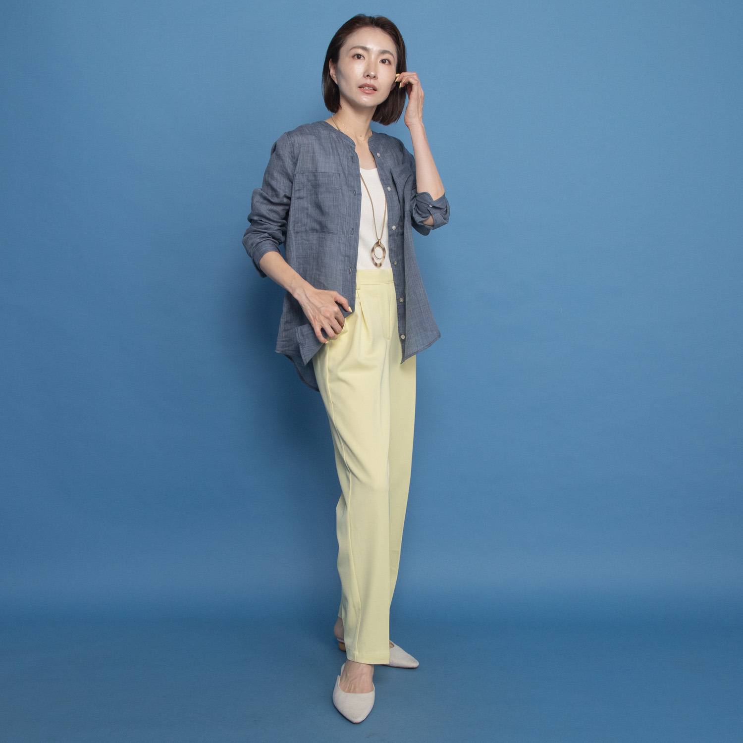 レア　ジェム プレミアムラミーの 極上の涼しさ感じる スタンドカラーシャツ