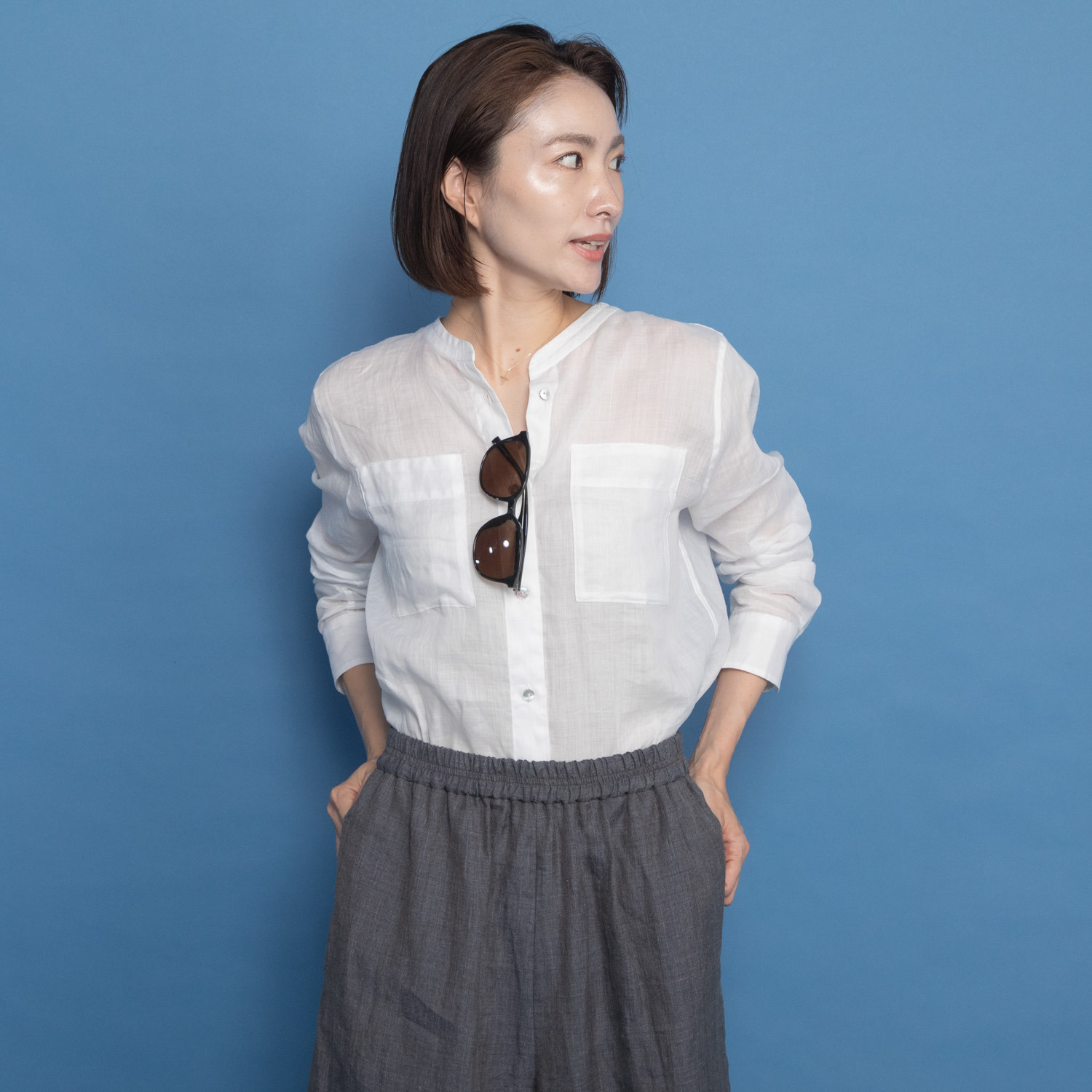 レア　ジェム プレミアムラミーの 極上の涼しさ感じる スタンドカラーシャツ