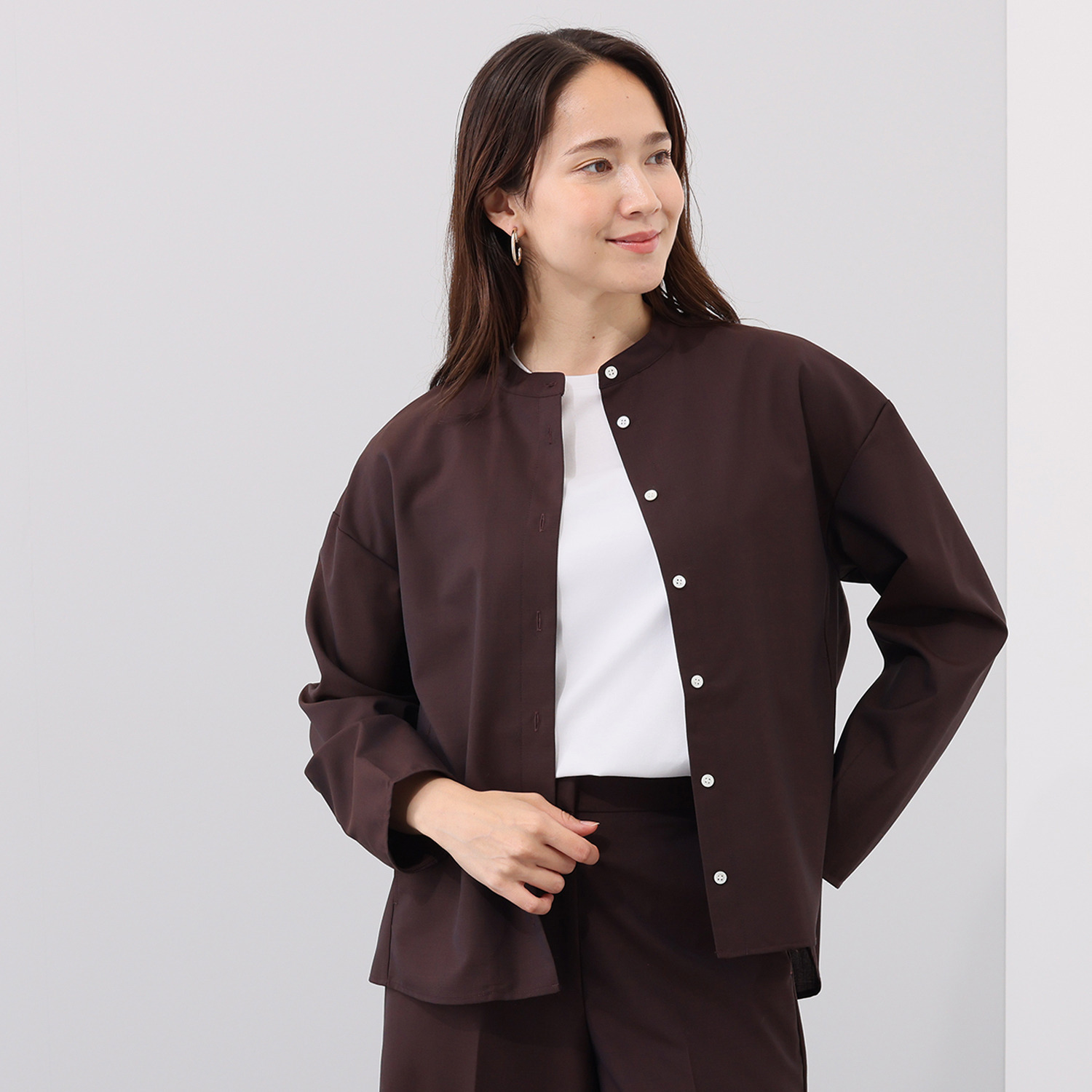 メリオン オーストラリア産 メリノウール混 シルキーソフトタッチ バンドカラーシャツ