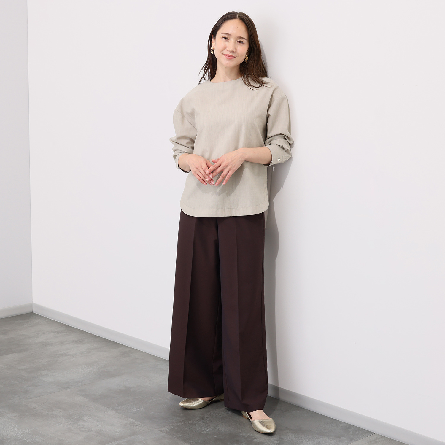 メリオン オーストラリア産 メリノウール混 シルキーソフトタッチ ラウンドヘムブラウス